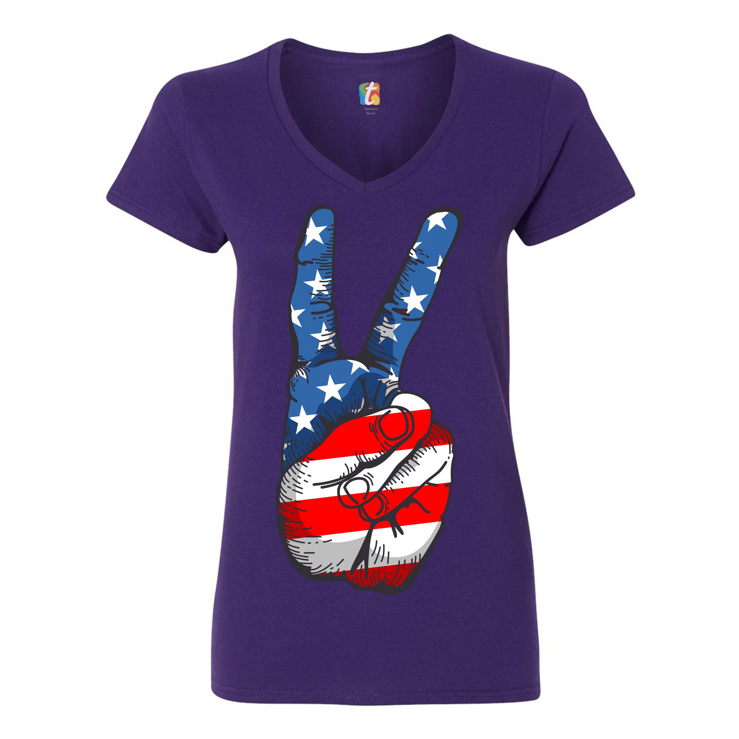 Patriotic Victory Sign Women's V-Neck T-shirt American Flag 4th of July Tee - Picture 15 of 41