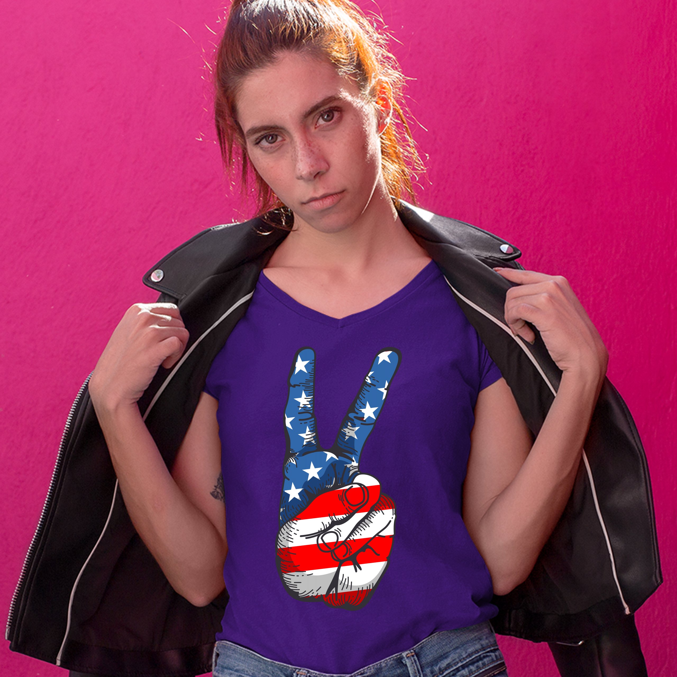 Patriotic Victory Sign Women's V-Neck T-shirt American Flag 4th of July Tee - Picture 17 of 41