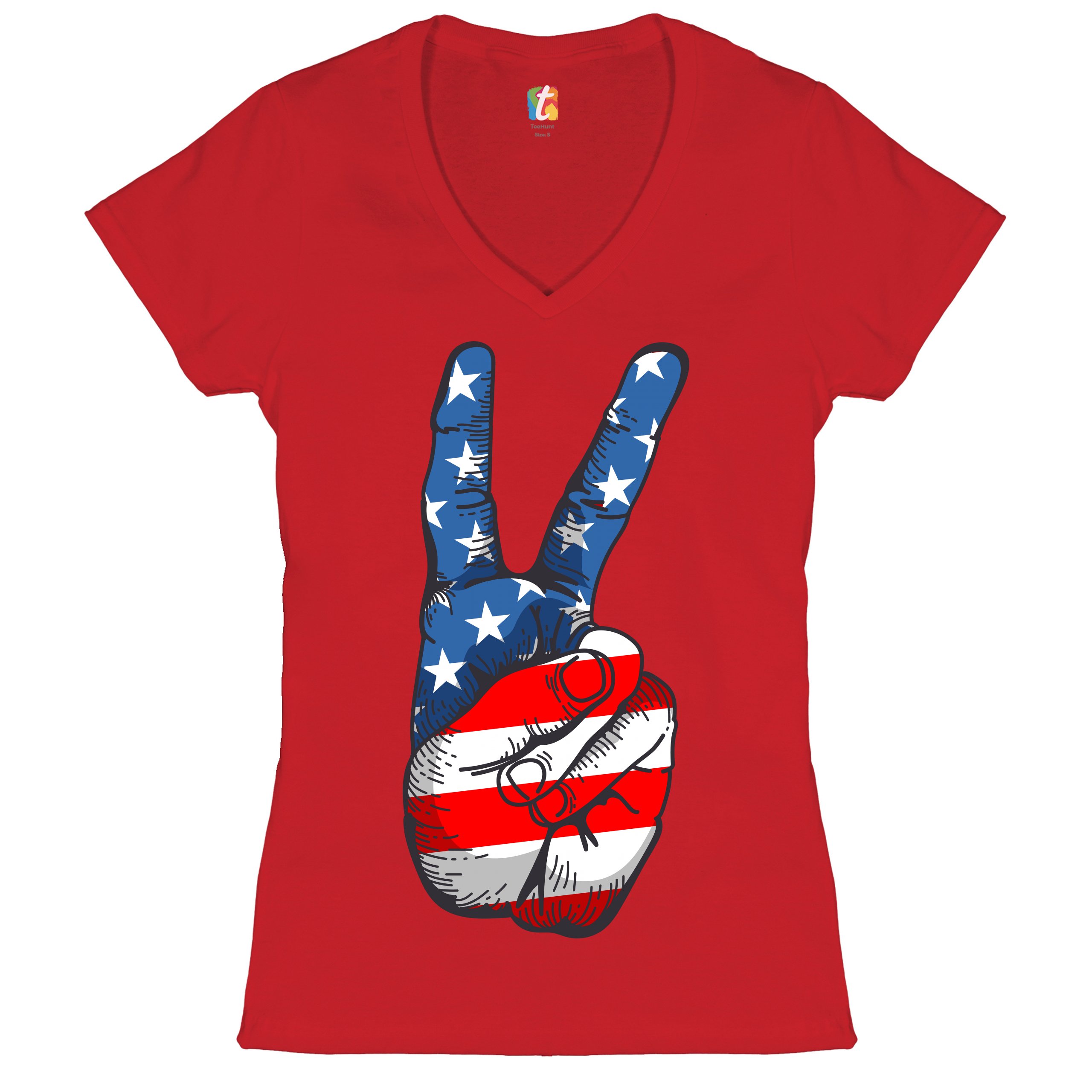 Patriotic Victory Sign Women's V-Neck T-shirt American Flag 4th of July Tee - Picture 18 of 41