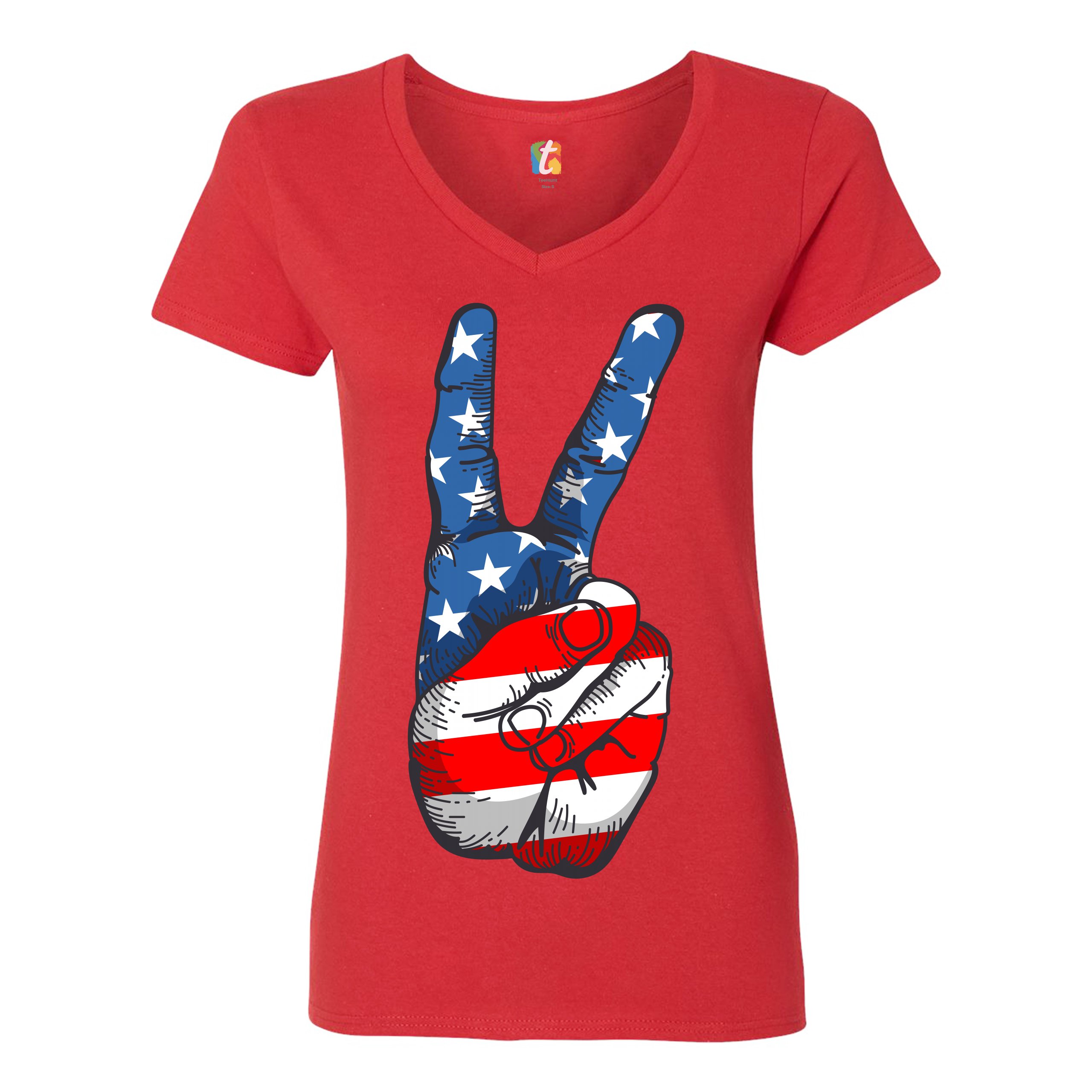 Patriotic Victory Sign Women's V-Neck T-shirt American Flag 4th of July Tee - Picture 19 of 41
