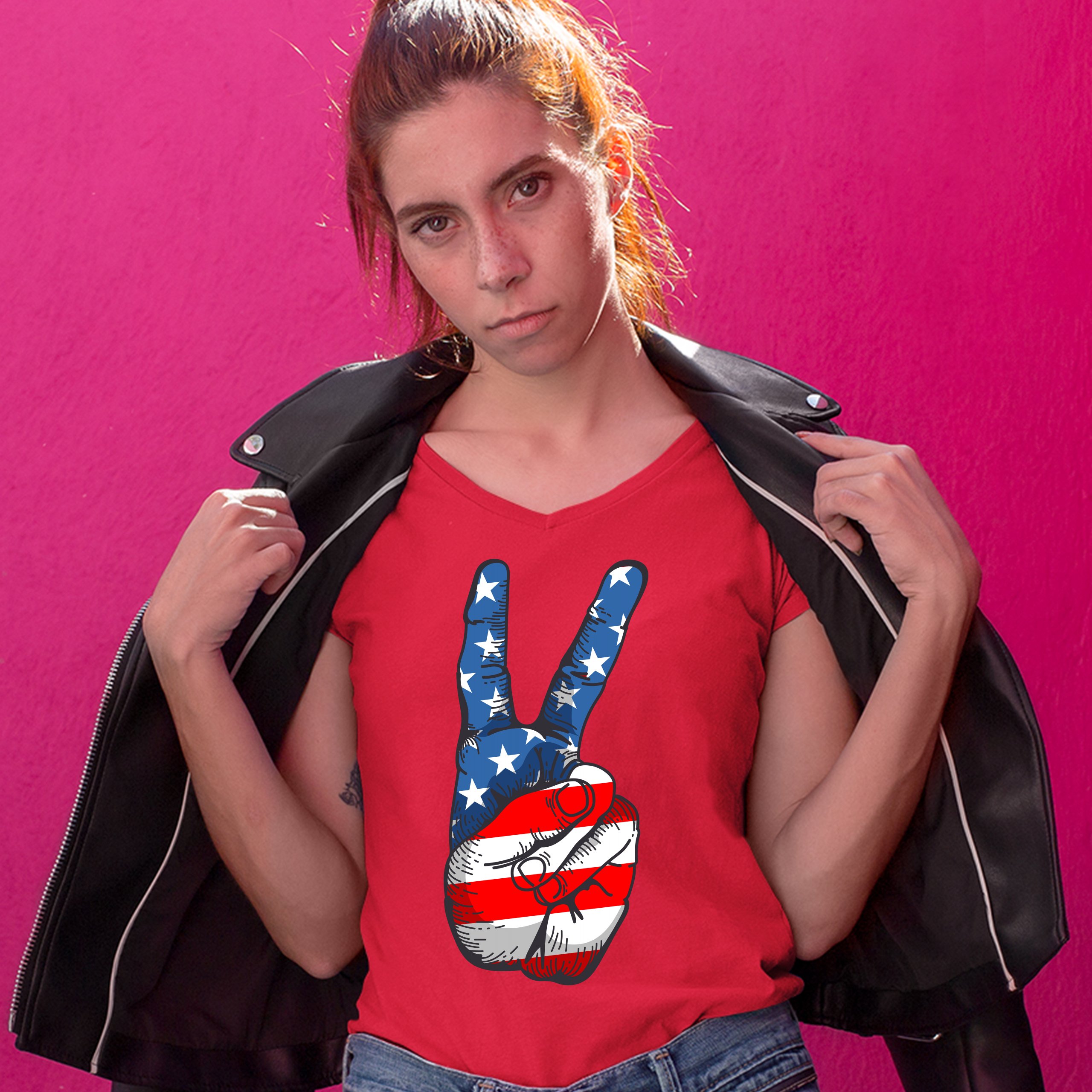Patriotic Victory Sign Women's V-Neck T-shirt American Flag 4th of July Tee - Picture 21 of 41