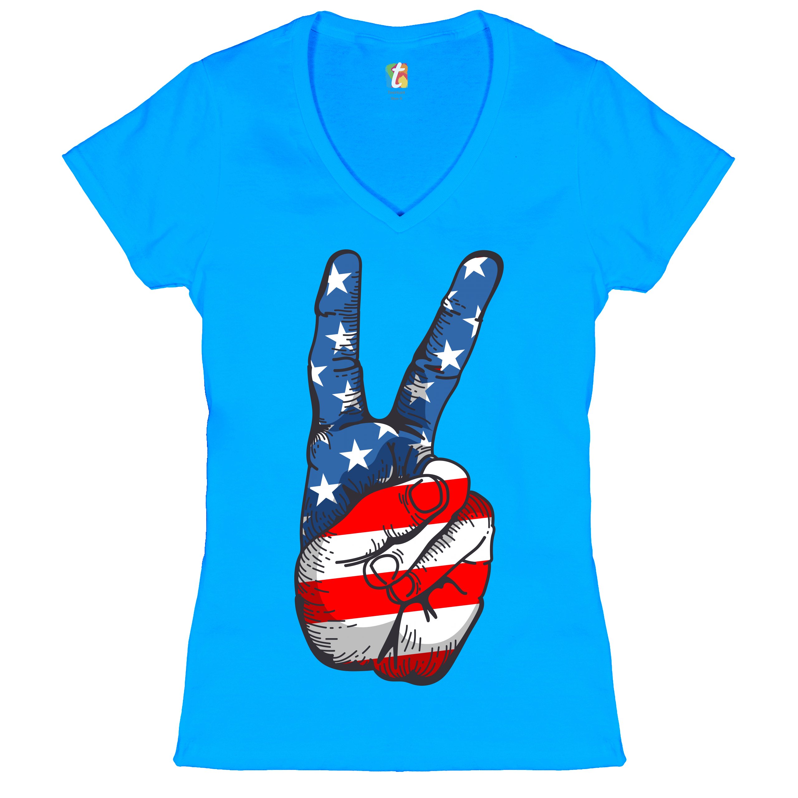 Patriotic Victory Sign Women's V-Neck T-shirt American Flag 4th of July Tee - Picture 38 of 41