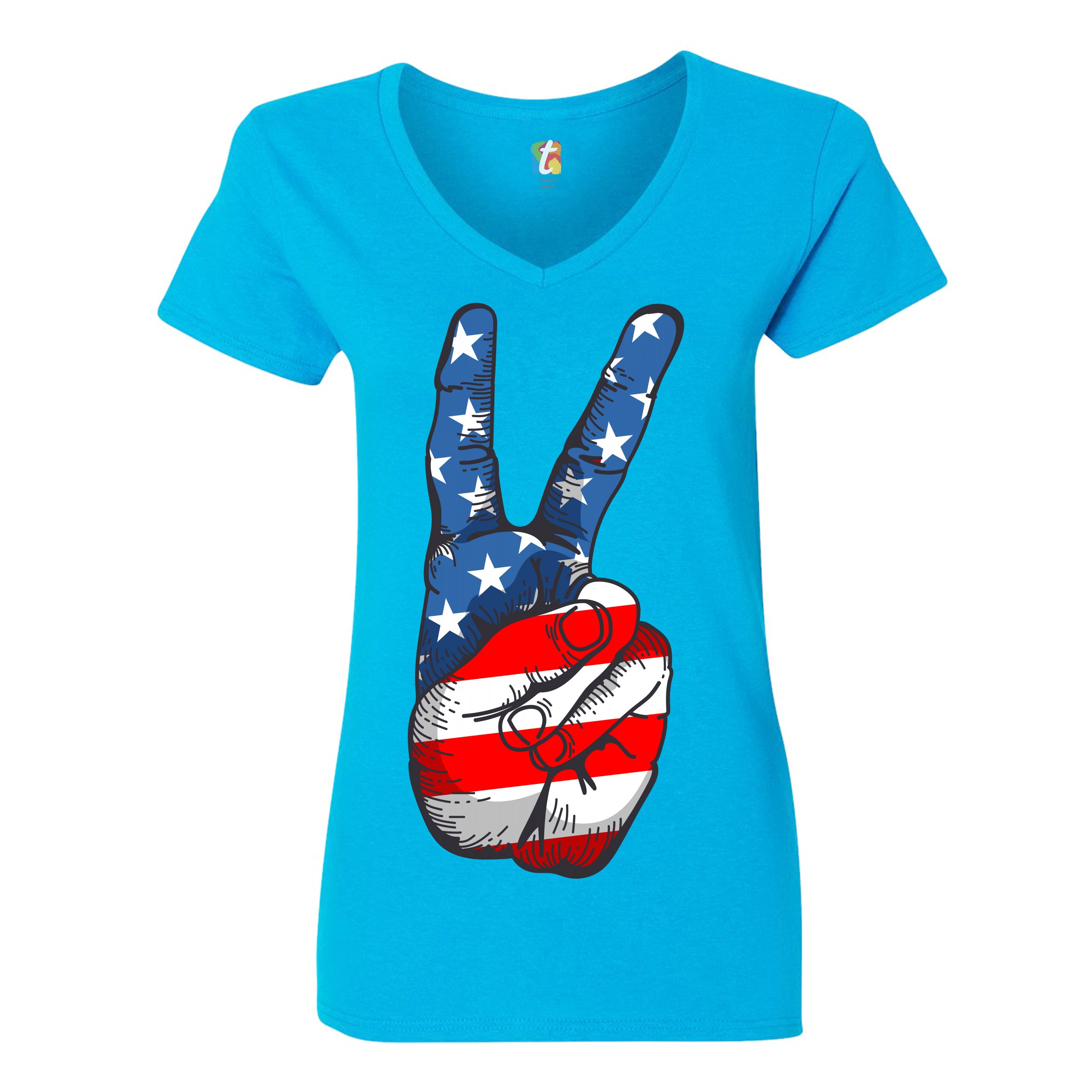 Patriotic Victory Sign Women's V-Neck T-shirt American Flag 4th of July Tee - Picture 39 of 41