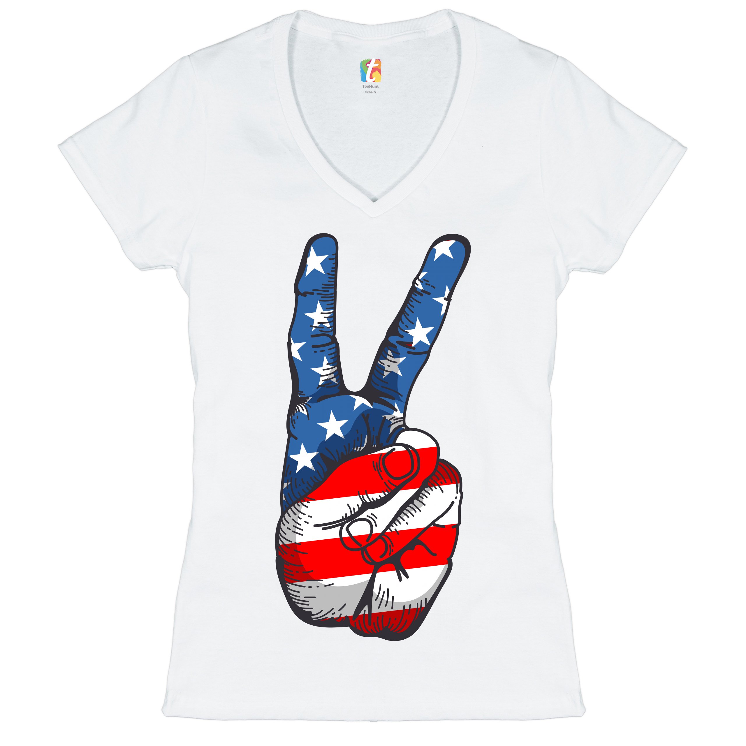 Patriotic Victory Sign Women's V-Neck T-shirt American Flag 4th of July Tee - Picture 2 of 41