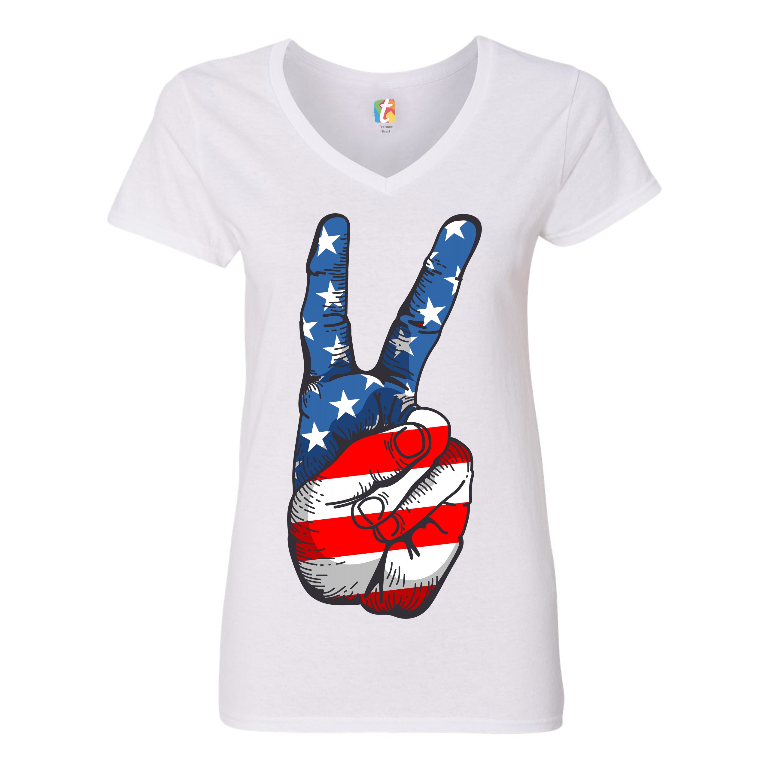 Patriotic Victory Sign Women's V-Neck T-shirt American Flag 4th of July Tee - Picture 3 of 41