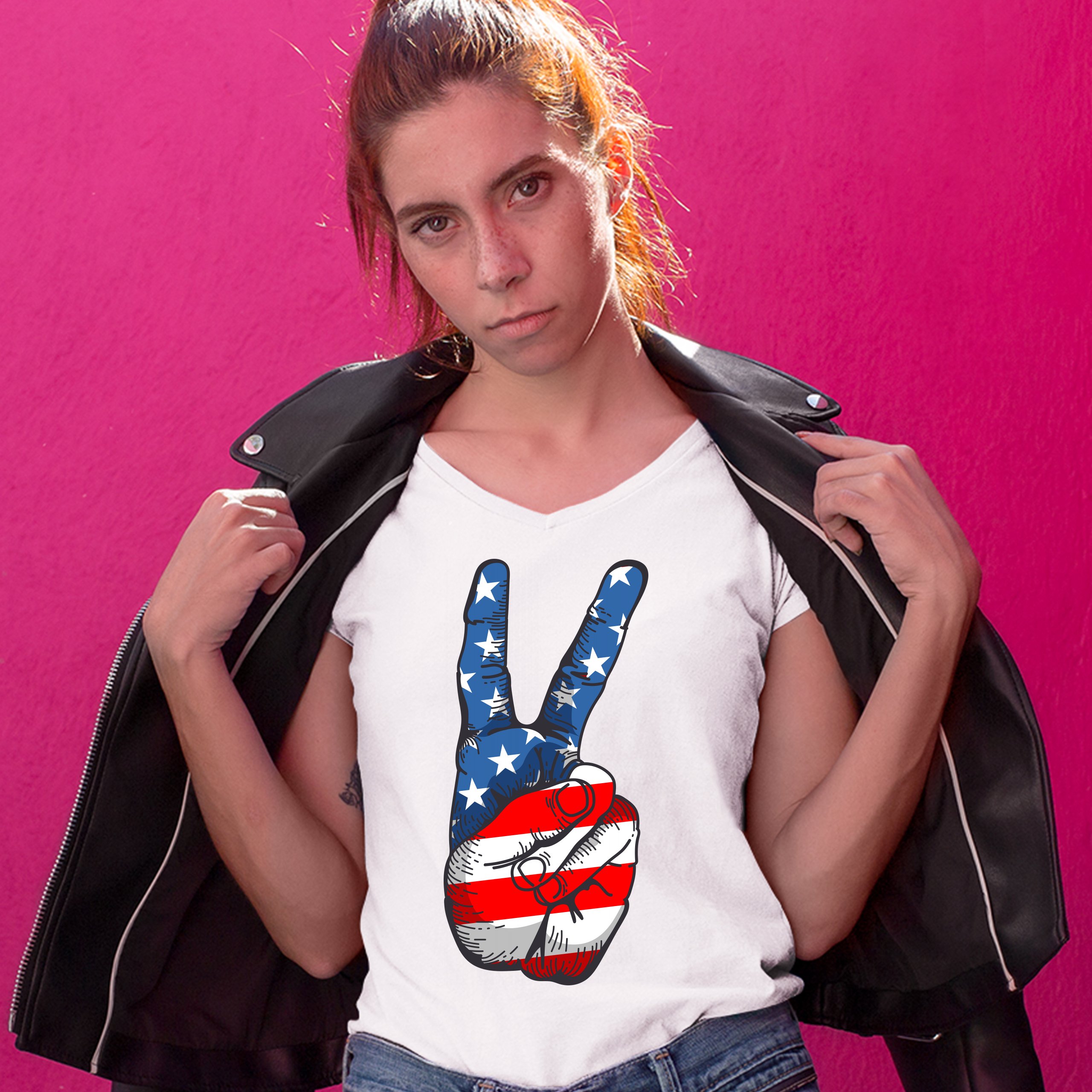 Patriotic Victory Sign Women's V-Neck T-shirt American Flag 4th of July Tee - Picture 5 of 41