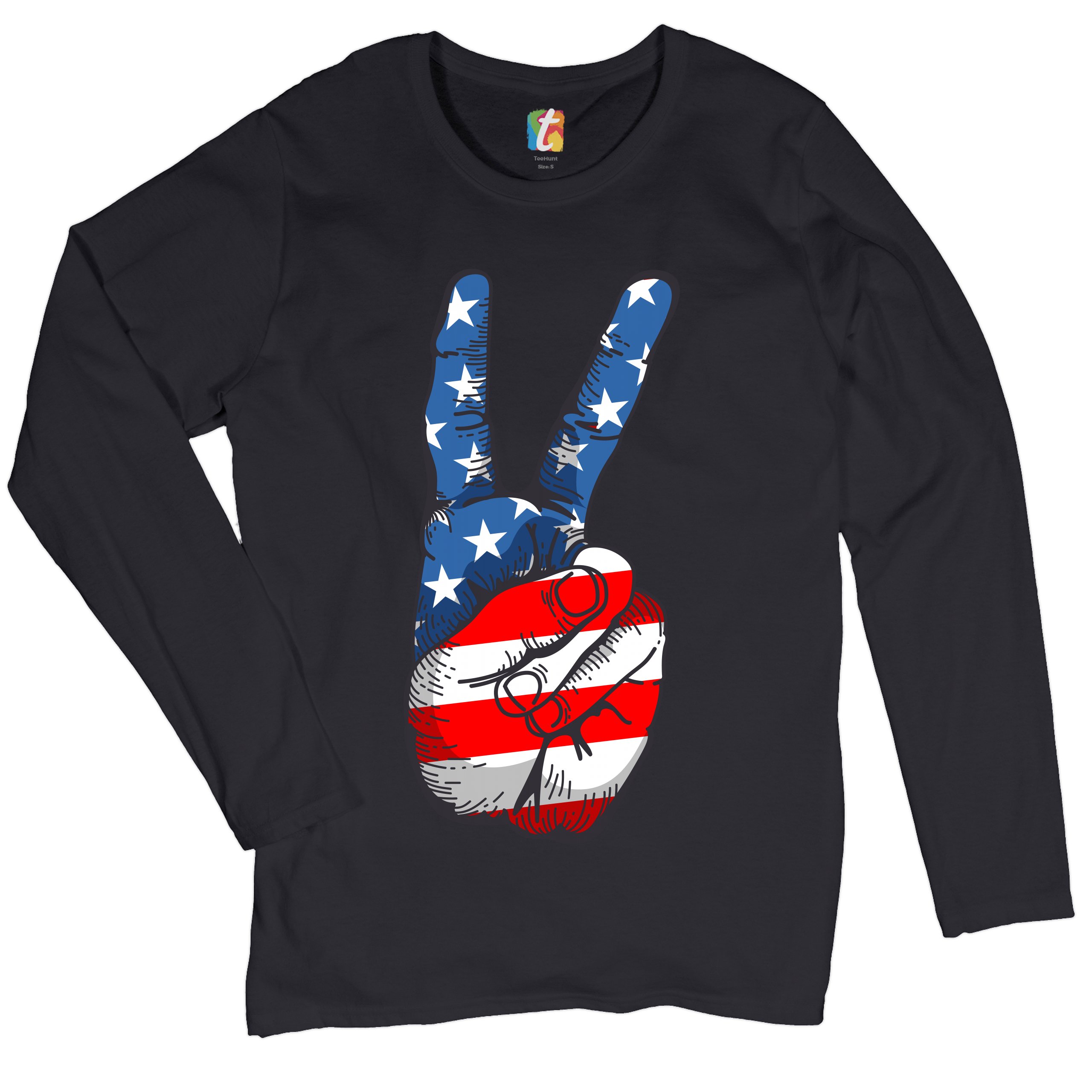 Patriotic Victory Sign Women's Long Sleeve T-shirt American Flag 4th of July - Picture 6 of 29