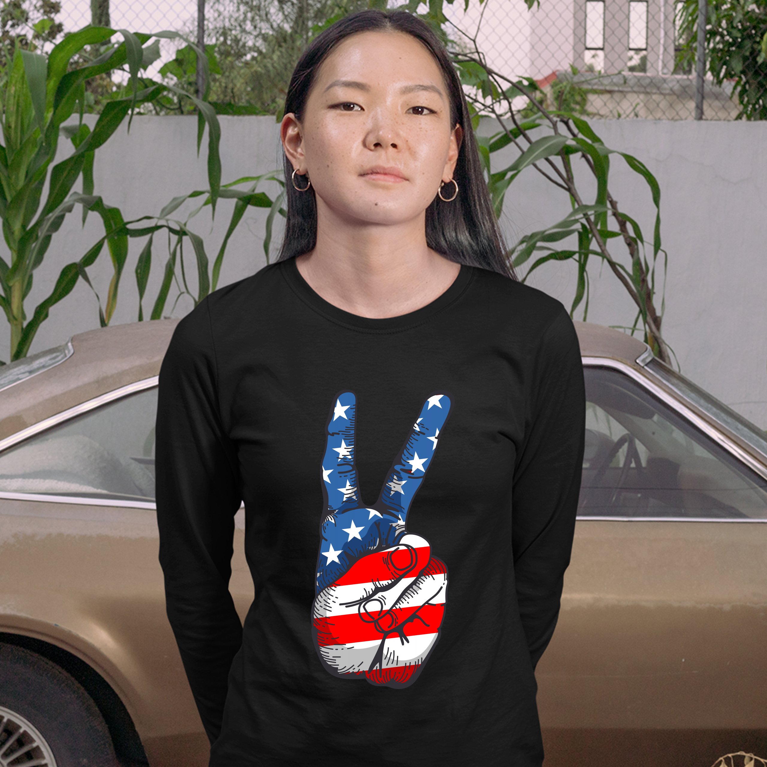 Patriotic Victory Sign Women's Long Sleeve T-shirt American Flag 4th of July - Picture 9 of 29