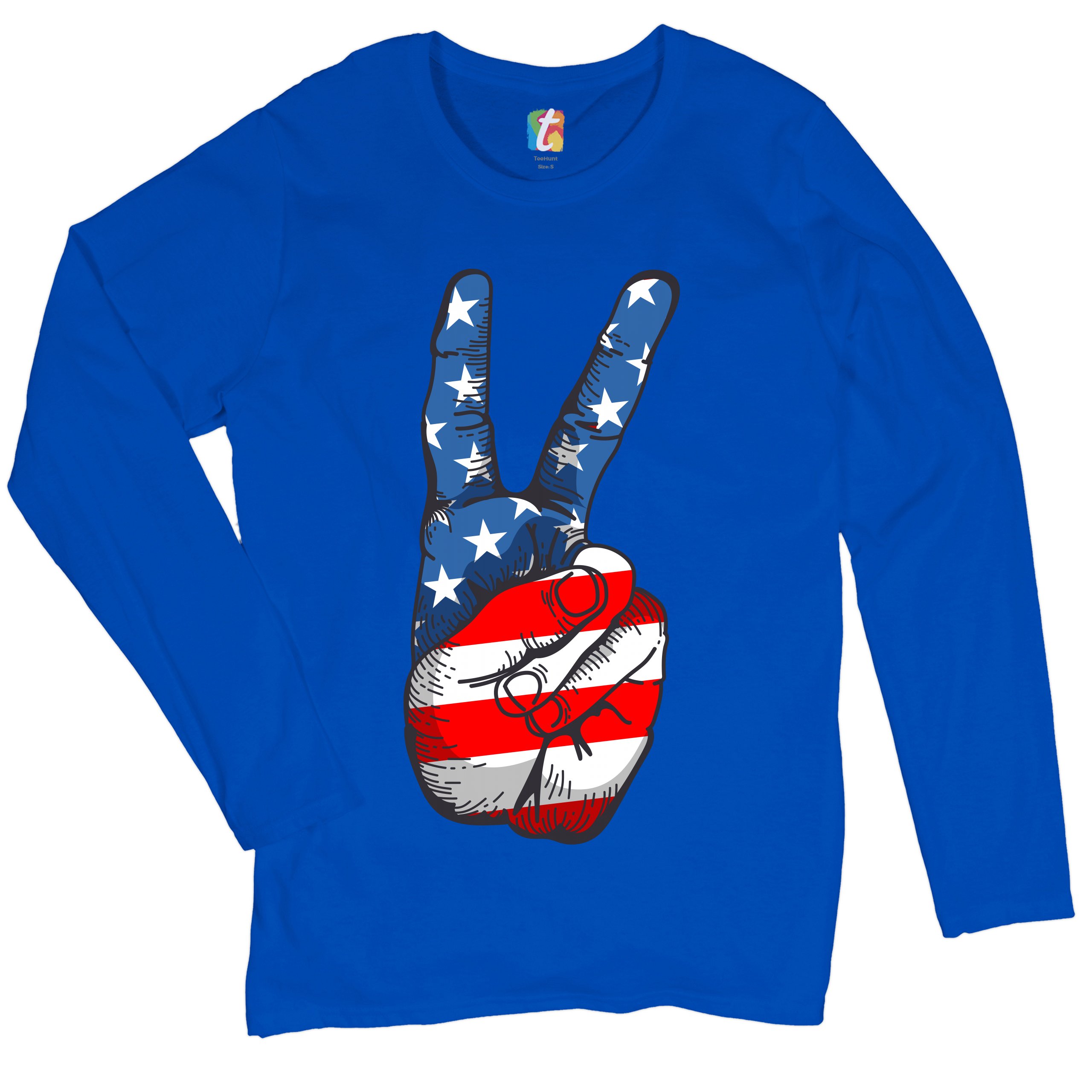 Patriotic Victory Sign Women's Long Sleeve T-shirt American Flag 4th of July - Picture 22 of 29