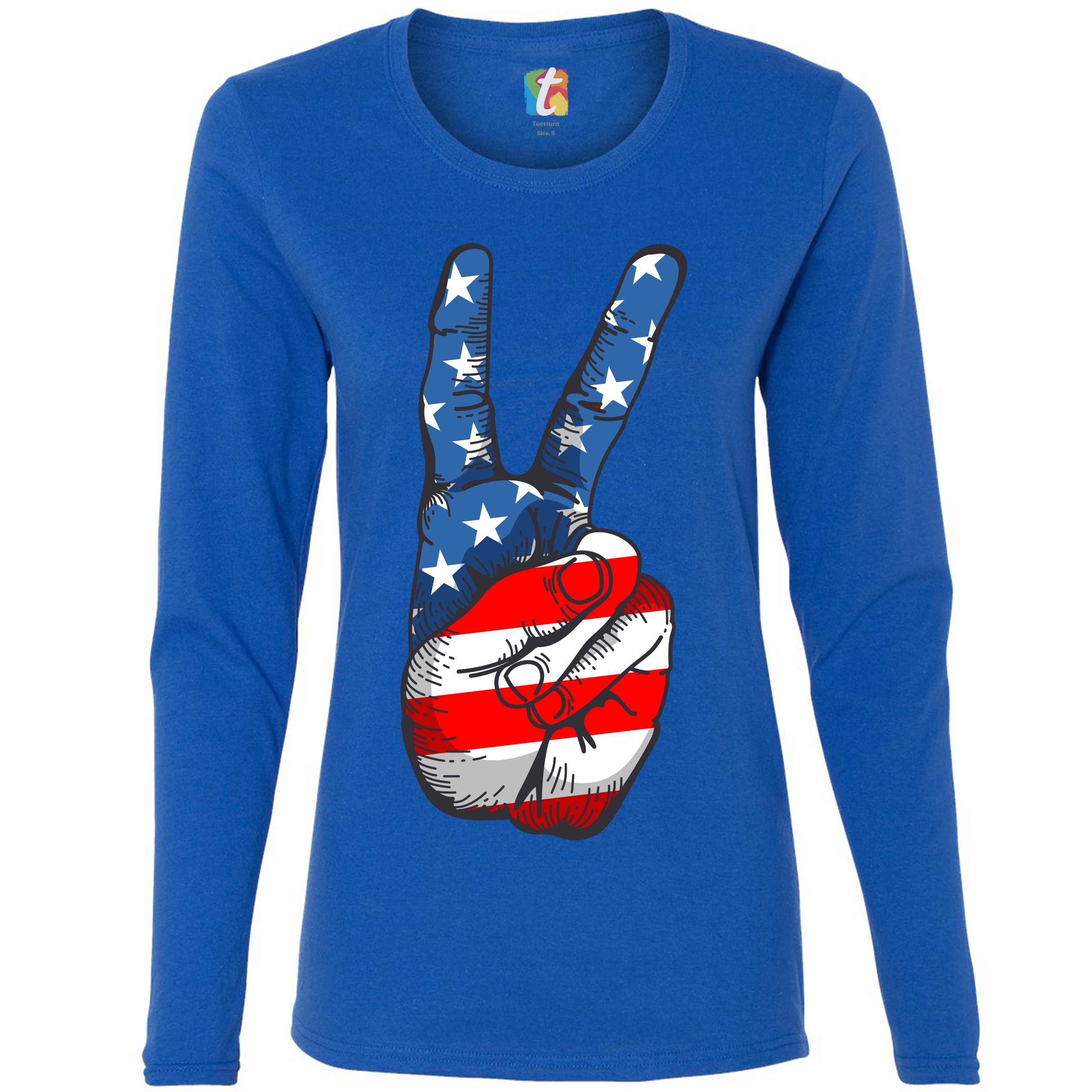 Patriotic Victory Sign Women's Long Sleeve T-shirt American Flag 4th of July - Picture 23 of 29