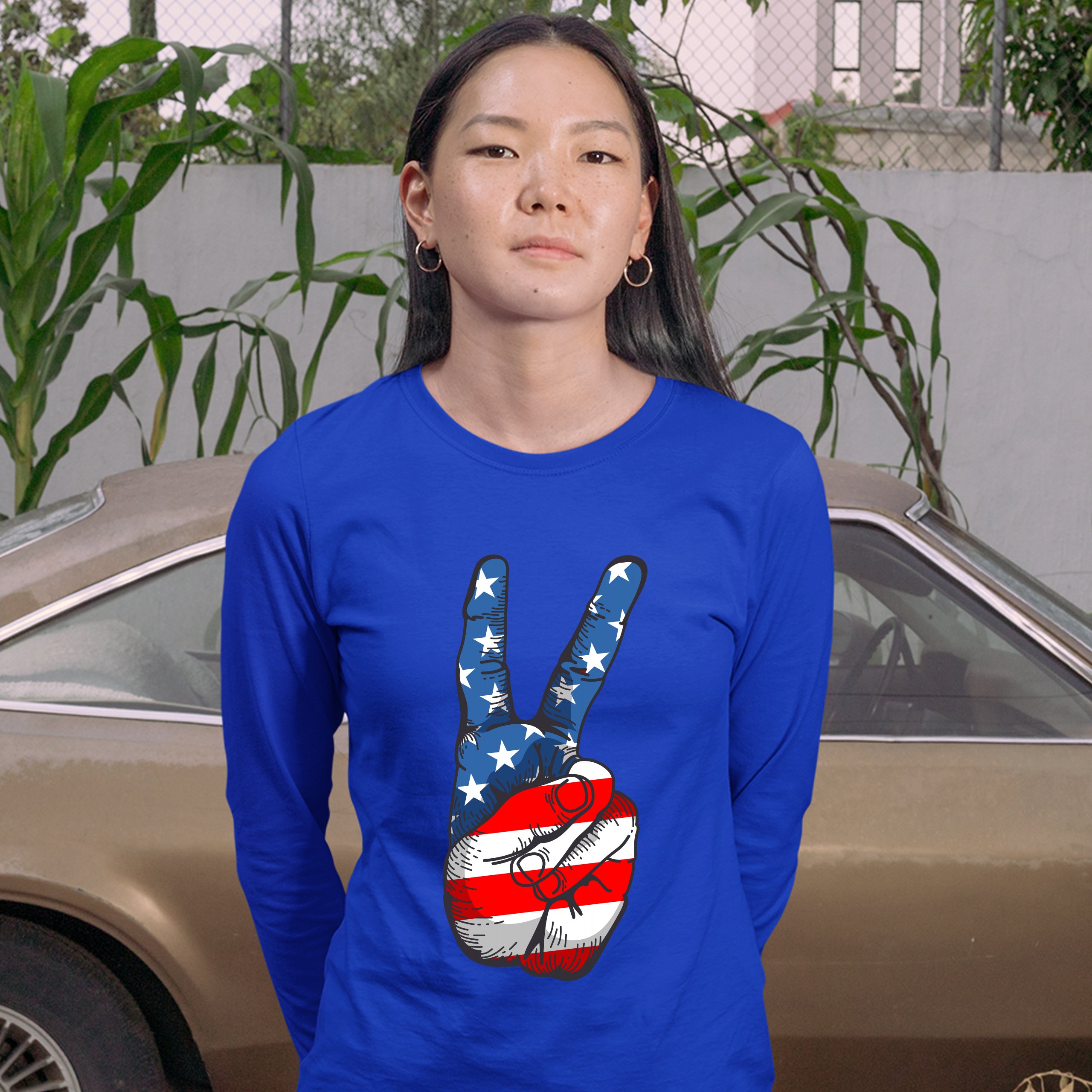Patriotic Victory Sign Women's Long Sleeve T-shirt American Flag 4th of July - Picture 25 of 29