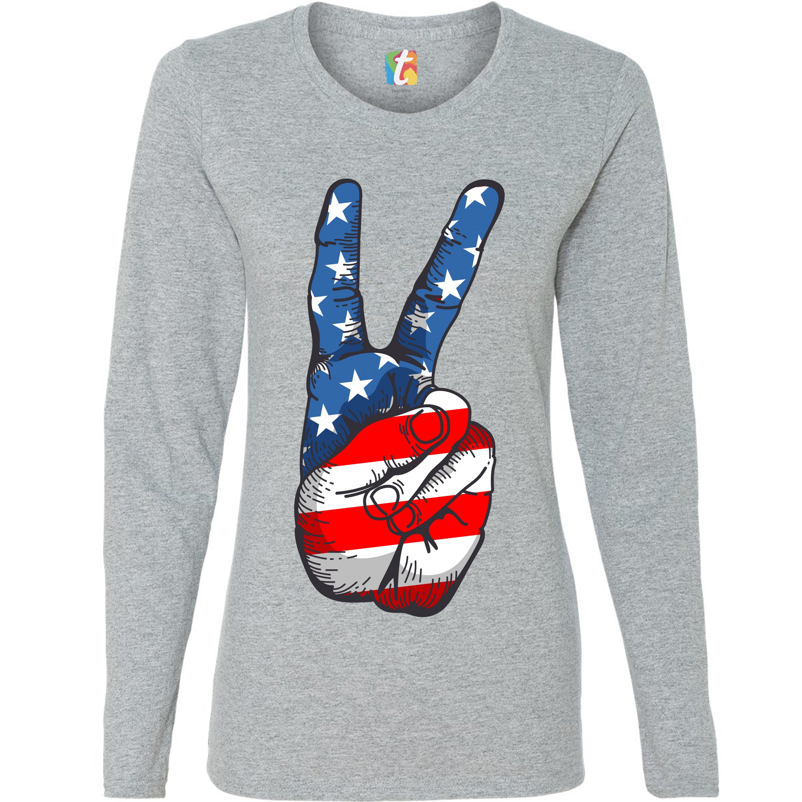 Patriotic Victory Sign Women's Long Sleeve T-shirt American Flag 4th of July - Picture 11 of 29