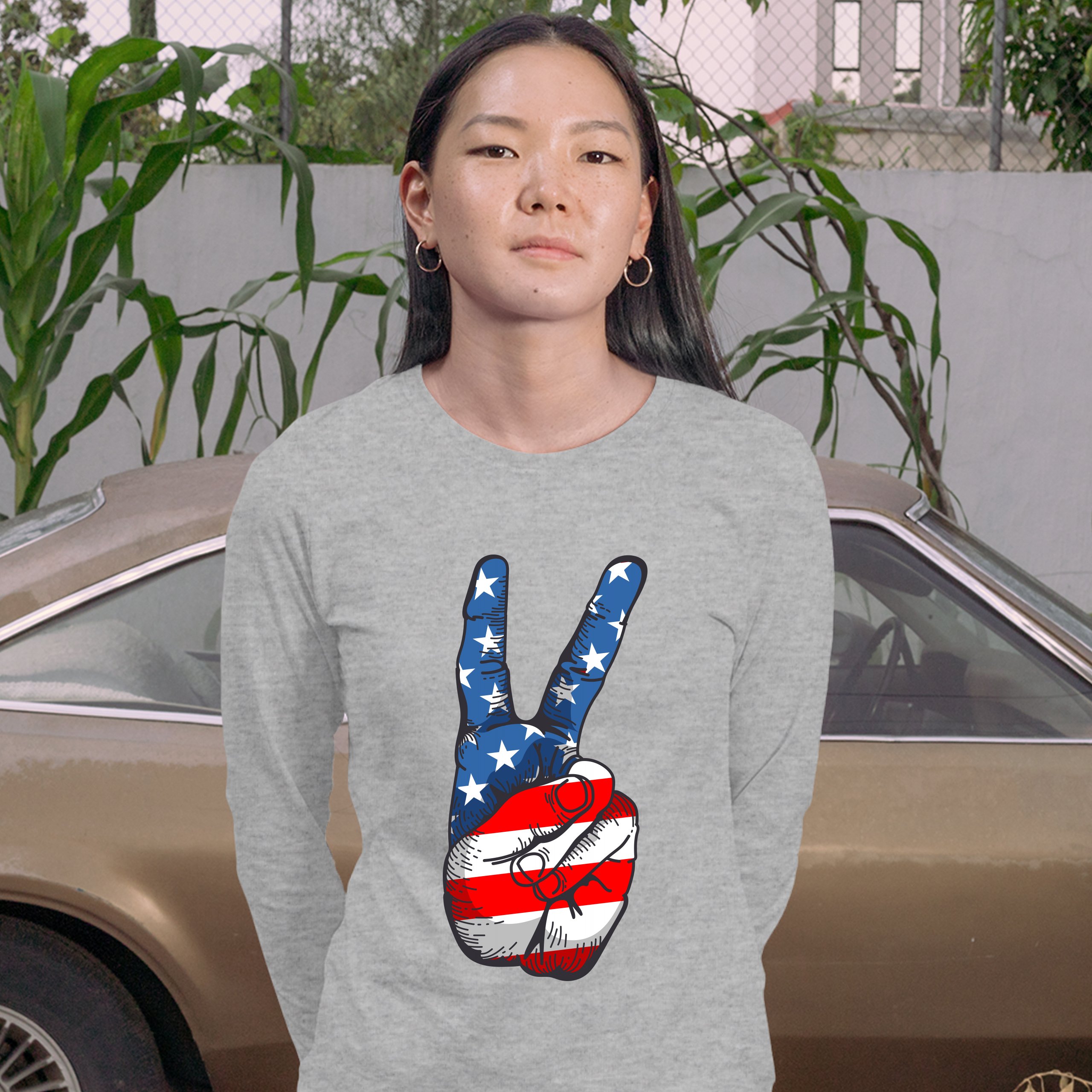Patriotic Victory Sign Women's Long Sleeve T-shirt American Flag 4th of July - Picture 13 of 29