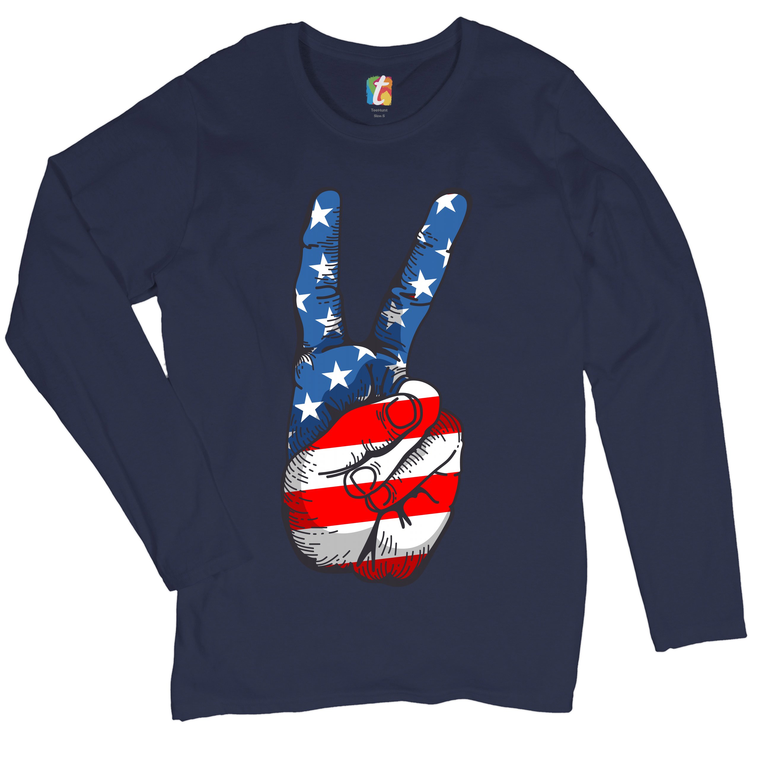 Patriotic Victory Sign Women's Long Sleeve T-shirt American Flag 4th of July - Picture 18 of 29