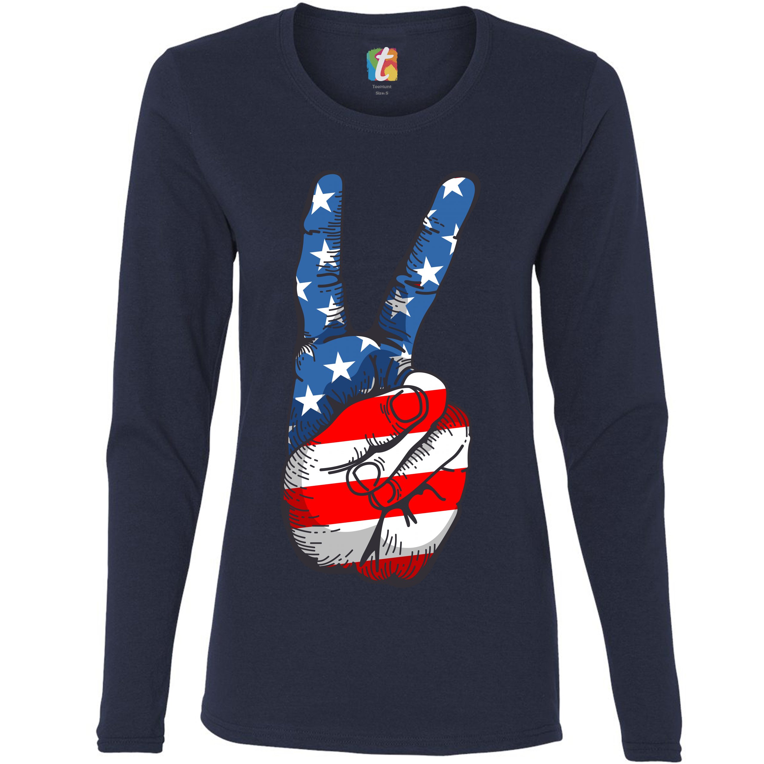 Patriotic Victory Sign Women's Long Sleeve T-shirt American Flag 4th of July - Picture 19 of 29
