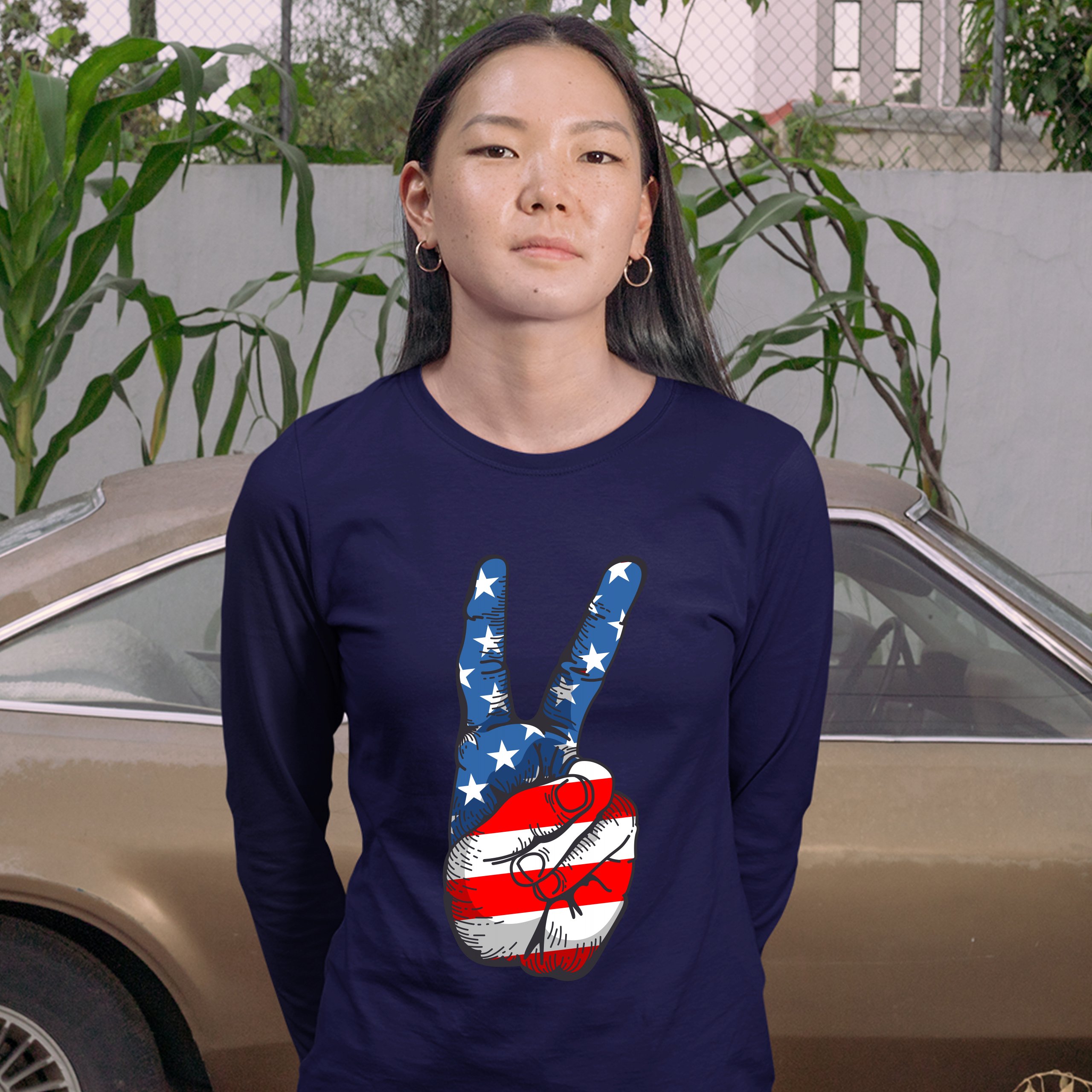Patriotic Victory Sign Women's Long Sleeve T-shirt American Flag 4th of July - Picture 21 of 29