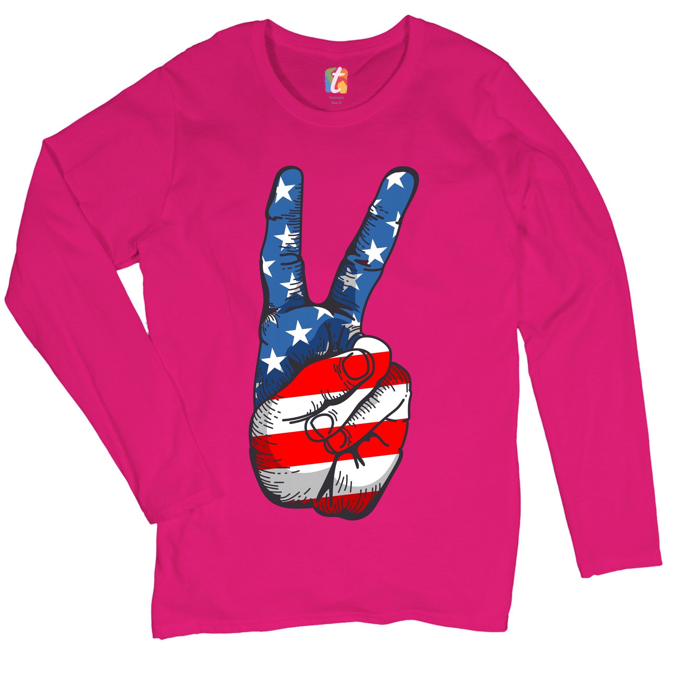 Patriotic Victory Sign Women's Long Sleeve T-shirt American Flag 4th of July - Picture 26 of 29