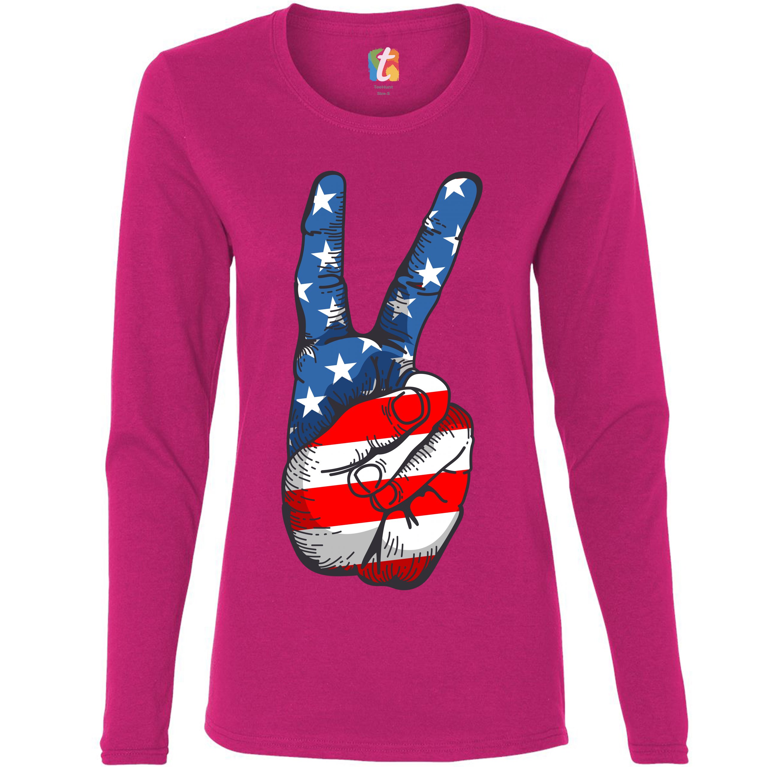 Patriotic Victory Sign Women's Long Sleeve T-shirt American Flag 4th of July - Picture 27 of 29
