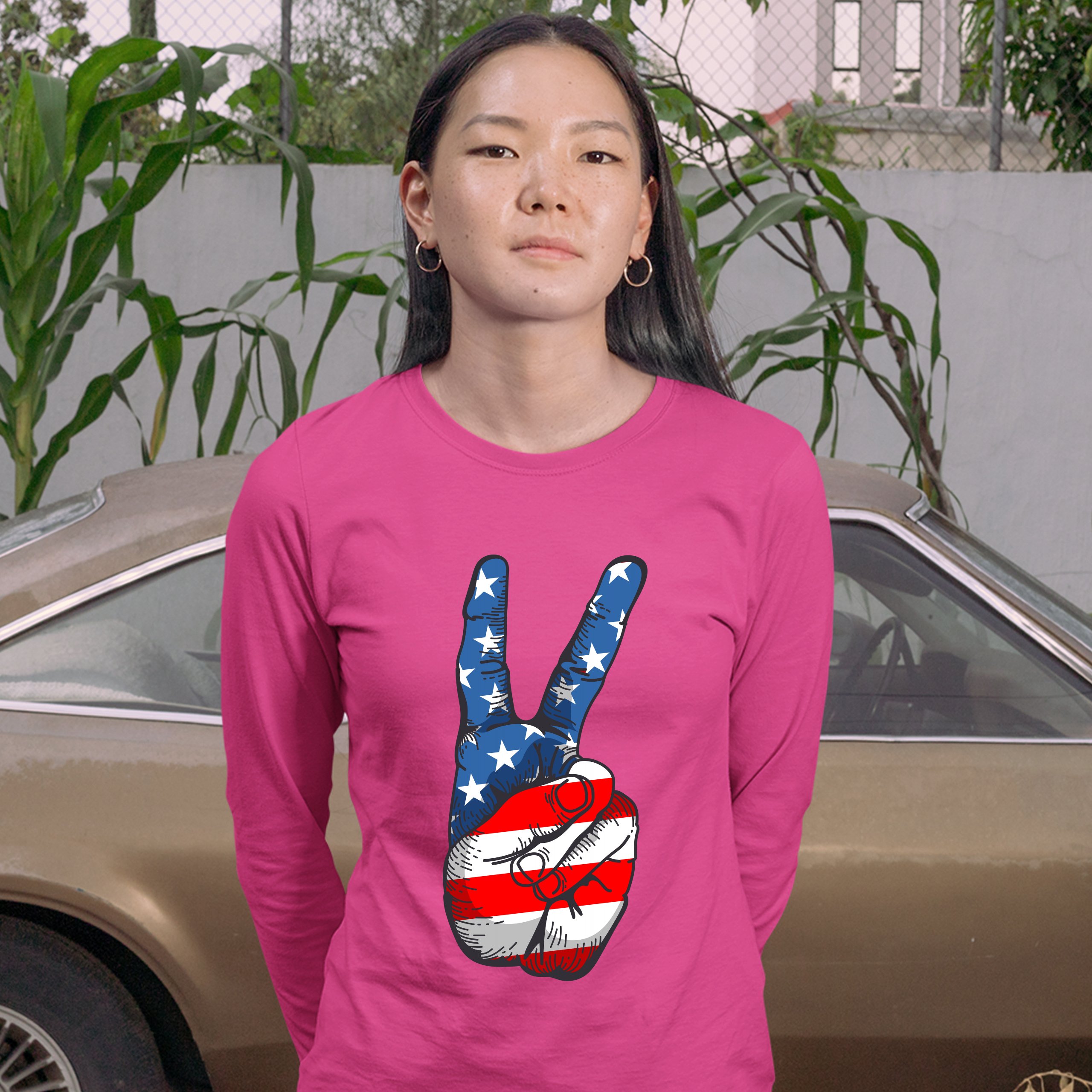 Patriotic Victory Sign Women's Long Sleeve T-shirt American Flag 4th of July - Picture 29 of 29