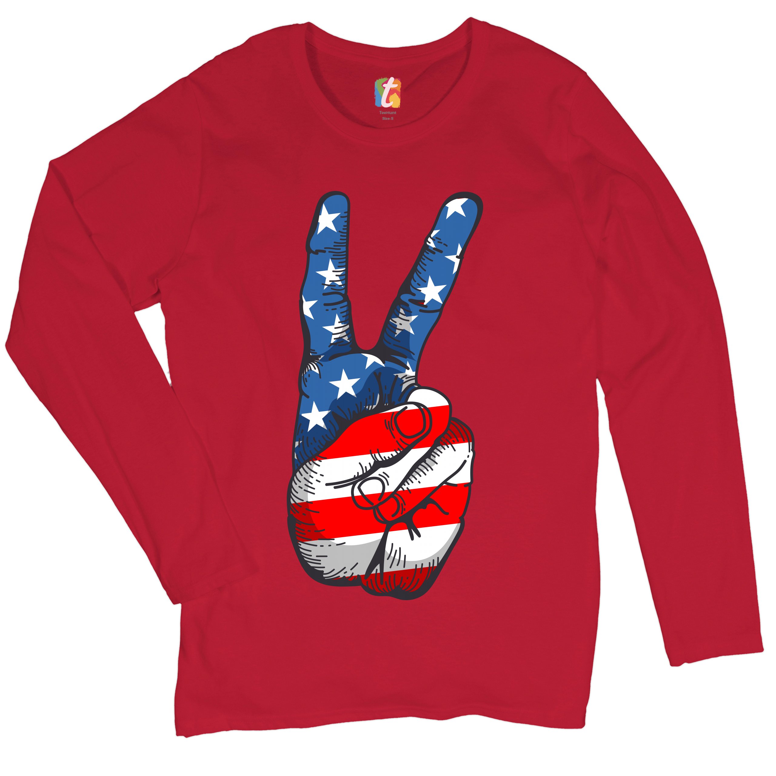 Patriotic Victory Sign Women's Long Sleeve T-shirt American Flag 4th of July - Picture 14 of 29