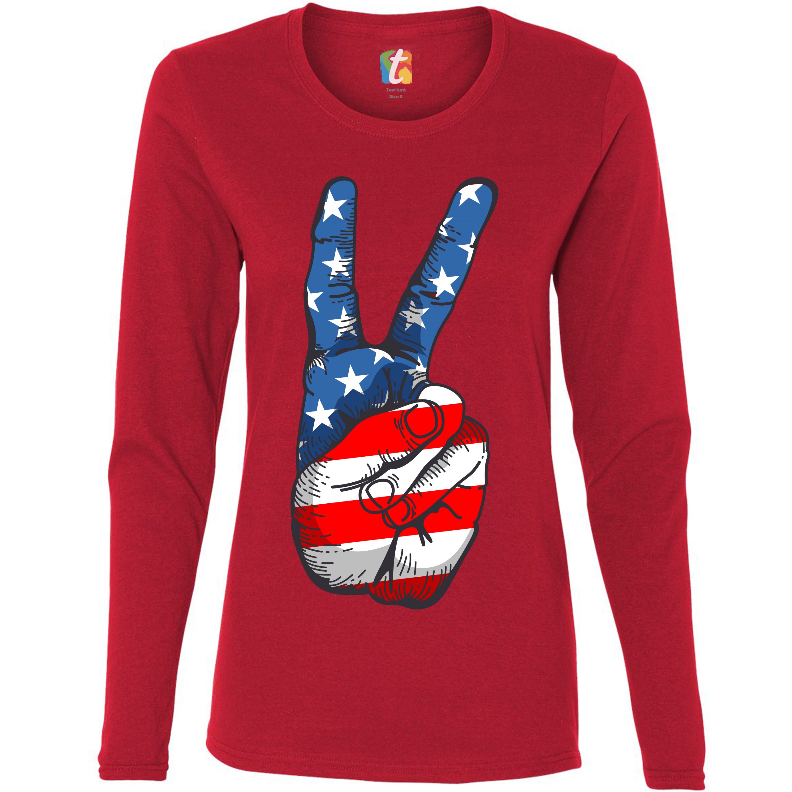 Patriotic Victory Sign Women's Long Sleeve T-shirt American Flag 4th of July - Picture 15 of 29