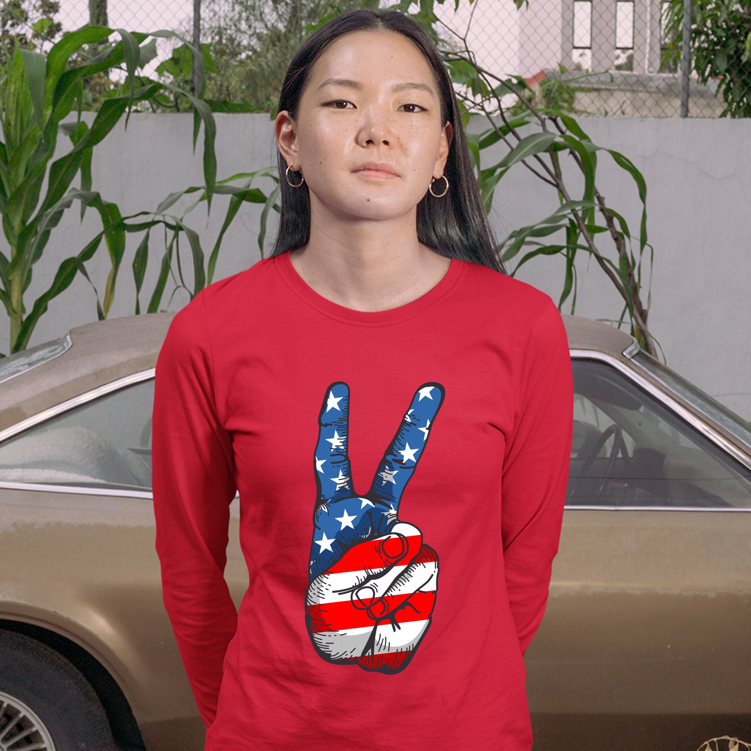 Patriotic Victory Sign Women's Long Sleeve T-shirt American Flag 4th of July - Picture 17 of 29