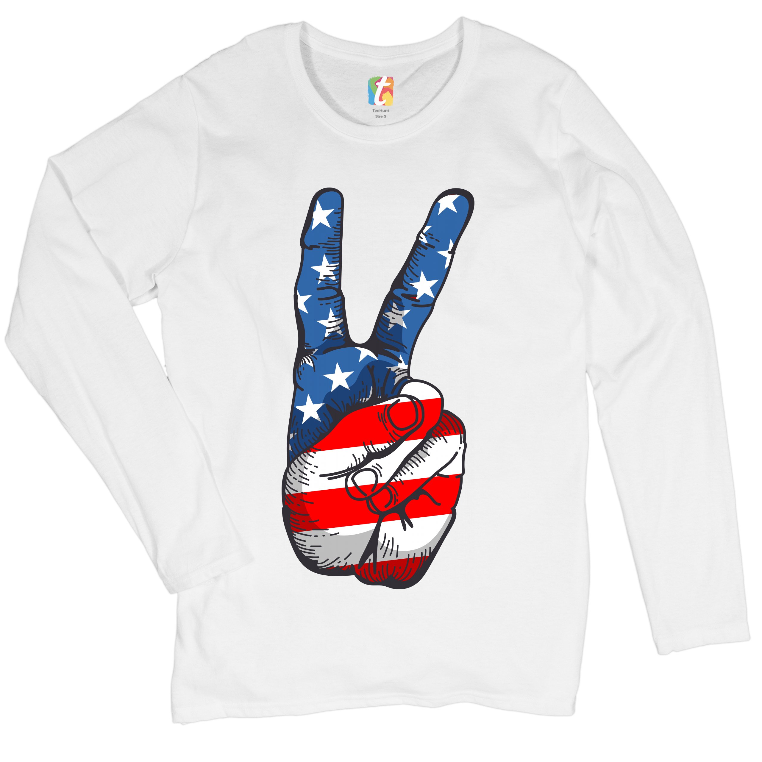 Patriotic Victory Sign Women's Long Sleeve T-shirt American Flag 4th of July - Picture 2 of 29