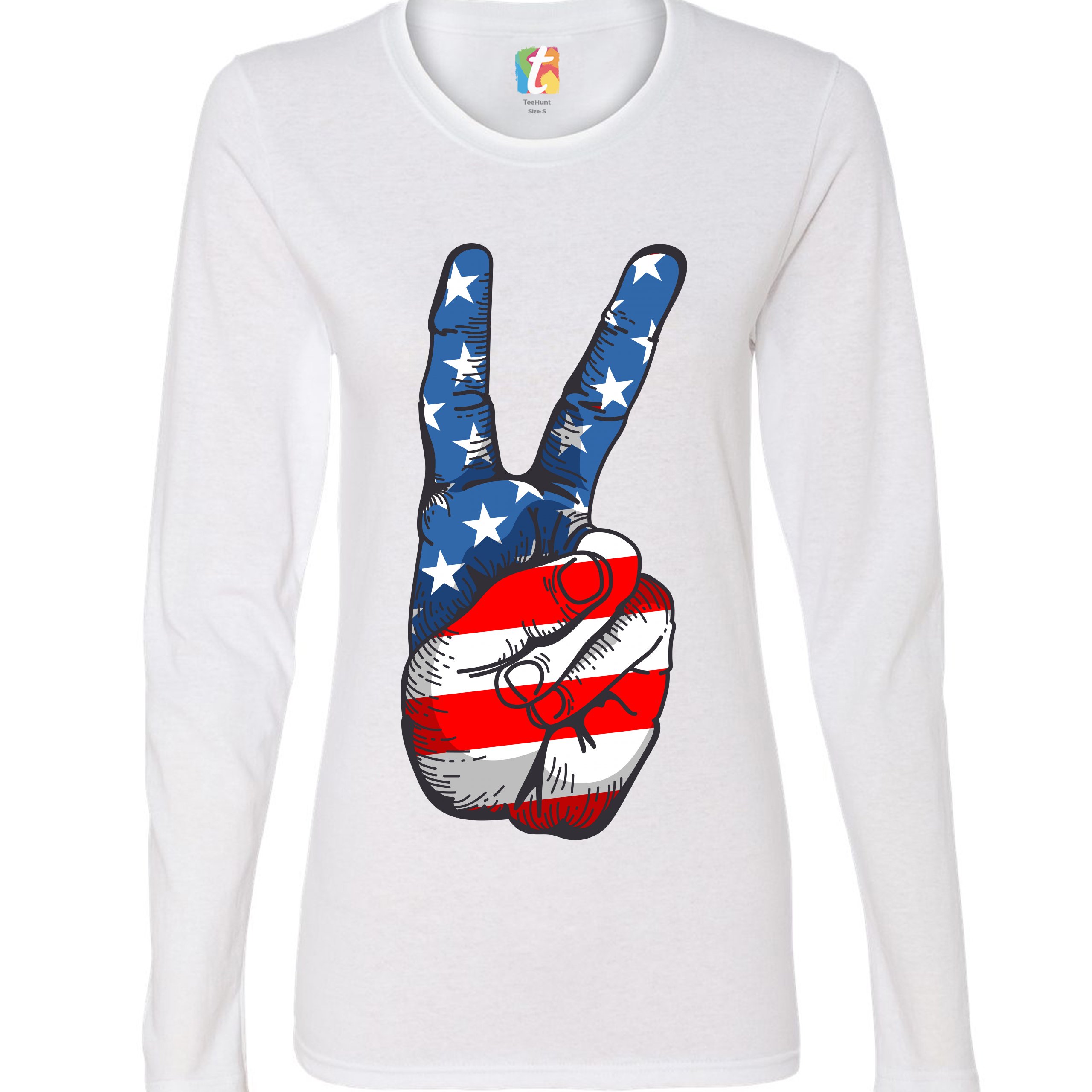 Patriotic Victory Sign Women's Long Sleeve T-shirt American Flag 4th of July - Picture 3 of 29