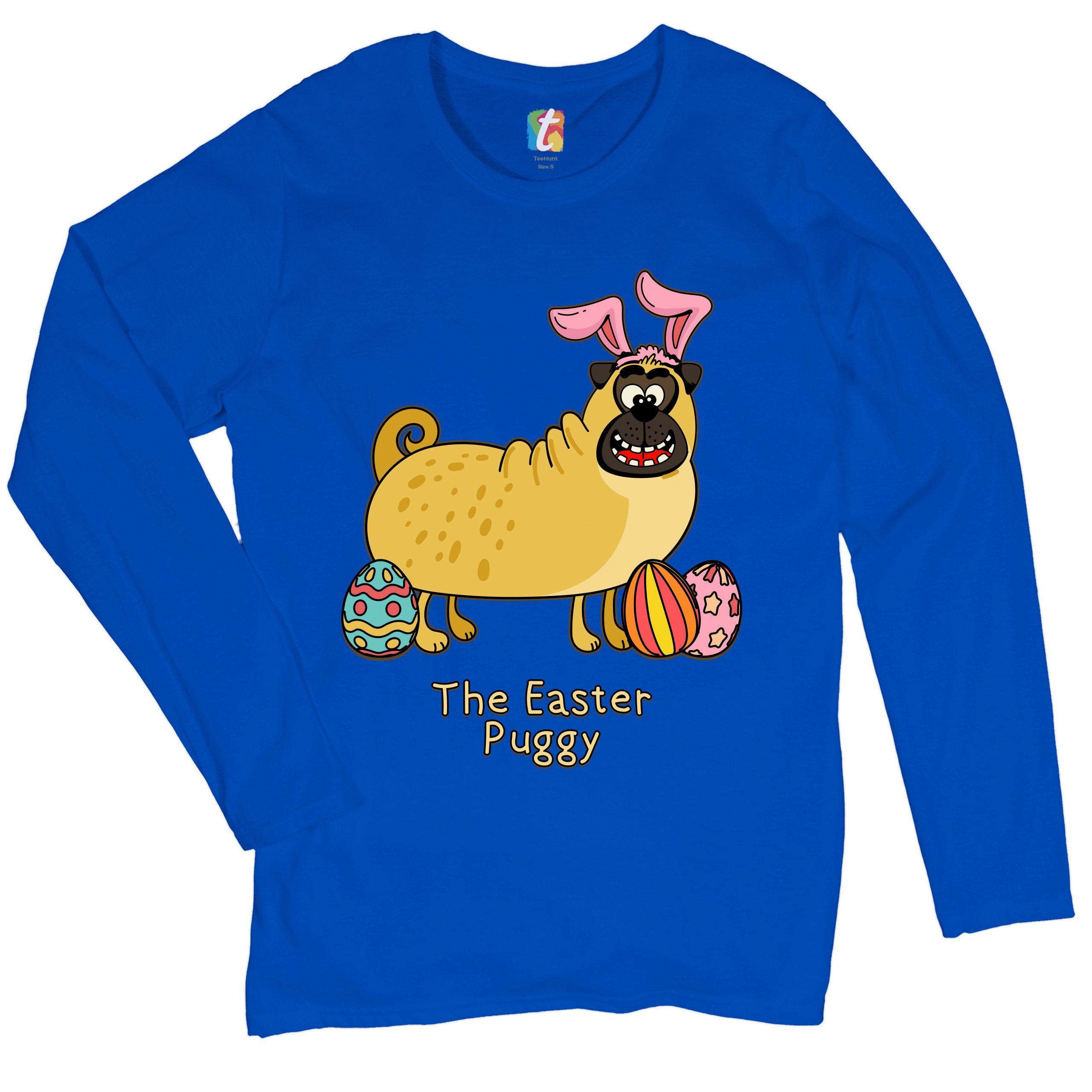 The Easter Puggy Women's Long Sleeve T-shirt Pug with Bunny Ears Easter Eggs - Picture 22 of 29