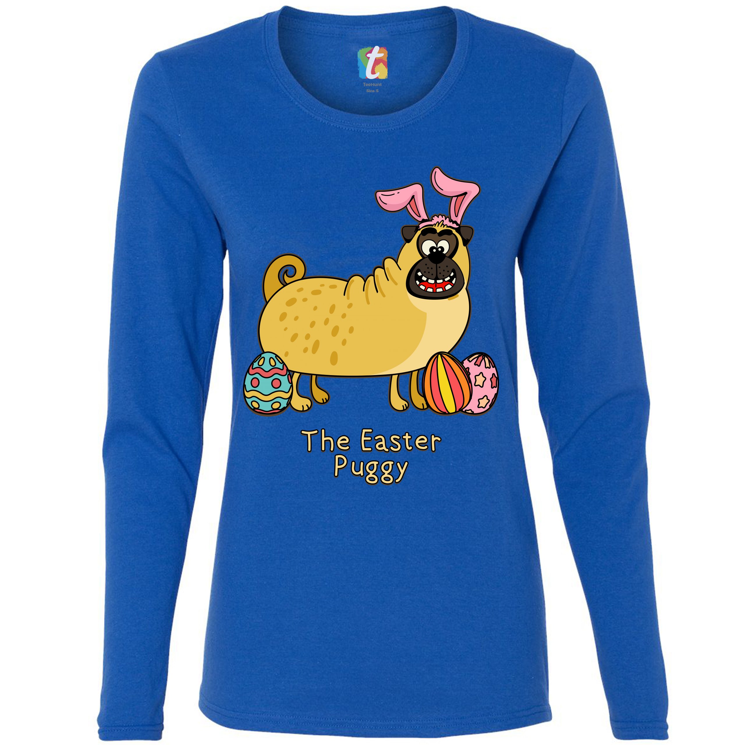 The Easter Puggy Women's Long Sleeve T-shirt Pug with Bunny Ears Easter Eggs - Picture 23 of 29