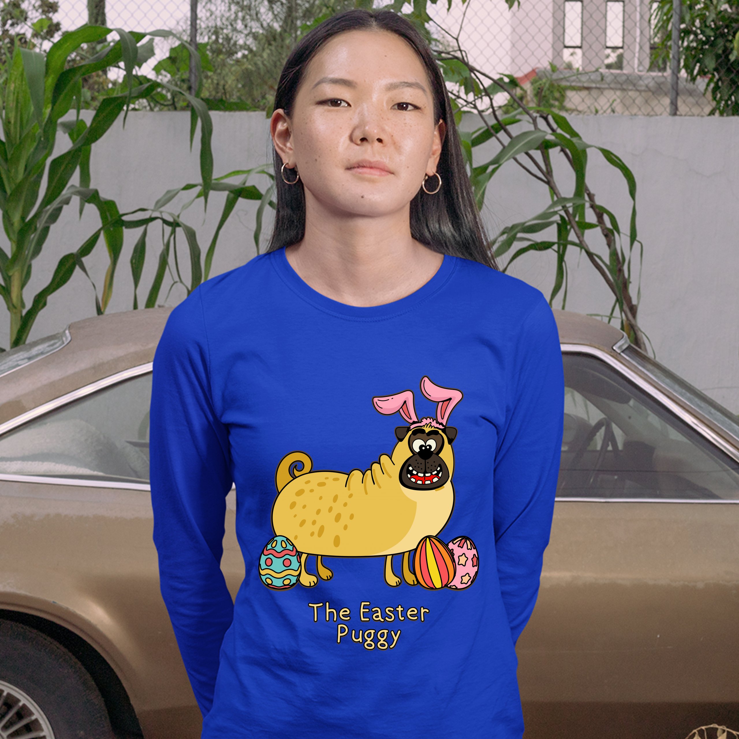 The Easter Puggy Women's Long Sleeve T-shirt Pug with Bunny Ears Easter Eggs - Picture 25 of 29