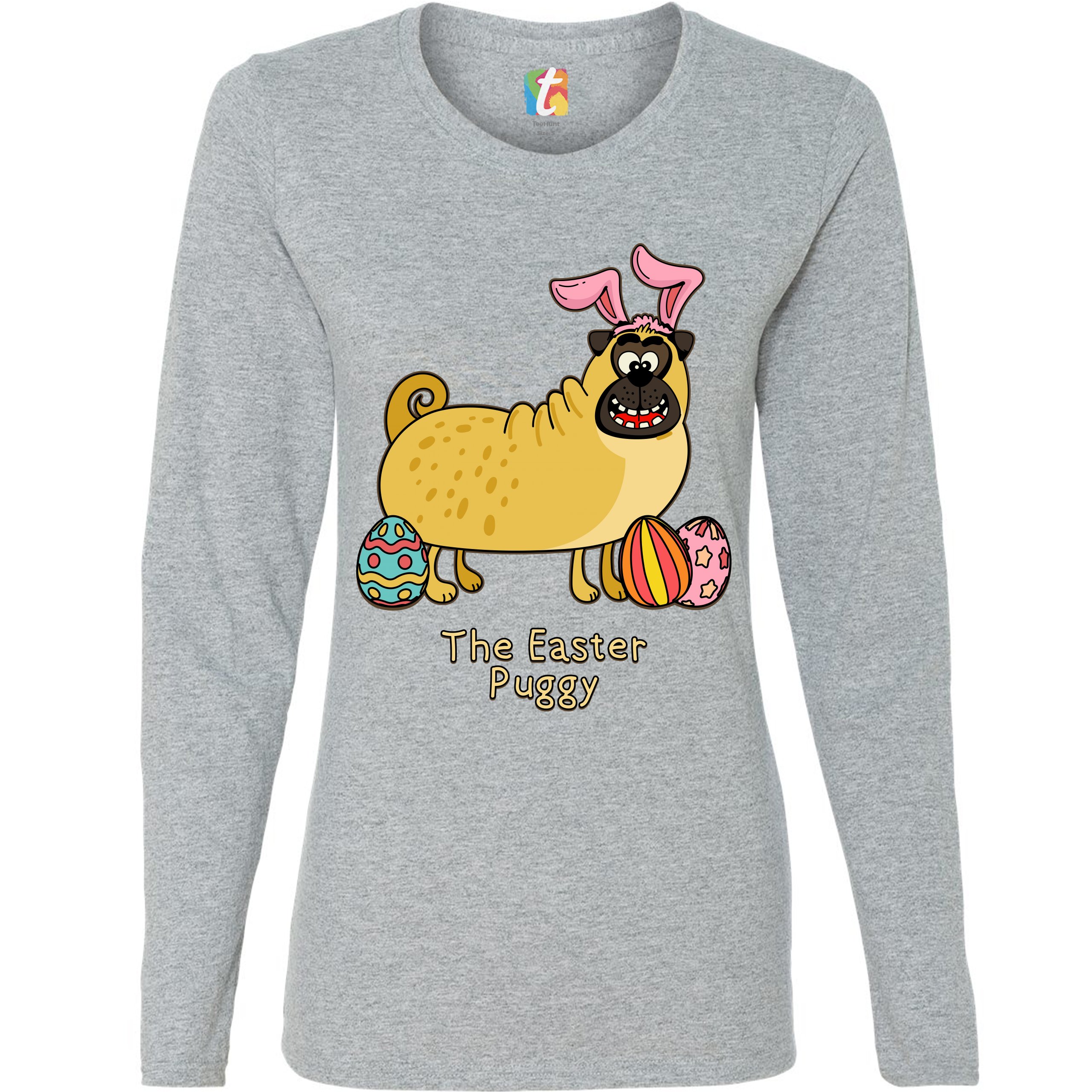 The Easter Puggy Women's Long Sleeve T-shirt Pug with Bunny Ears Easter Eggs - Picture 7 of 29