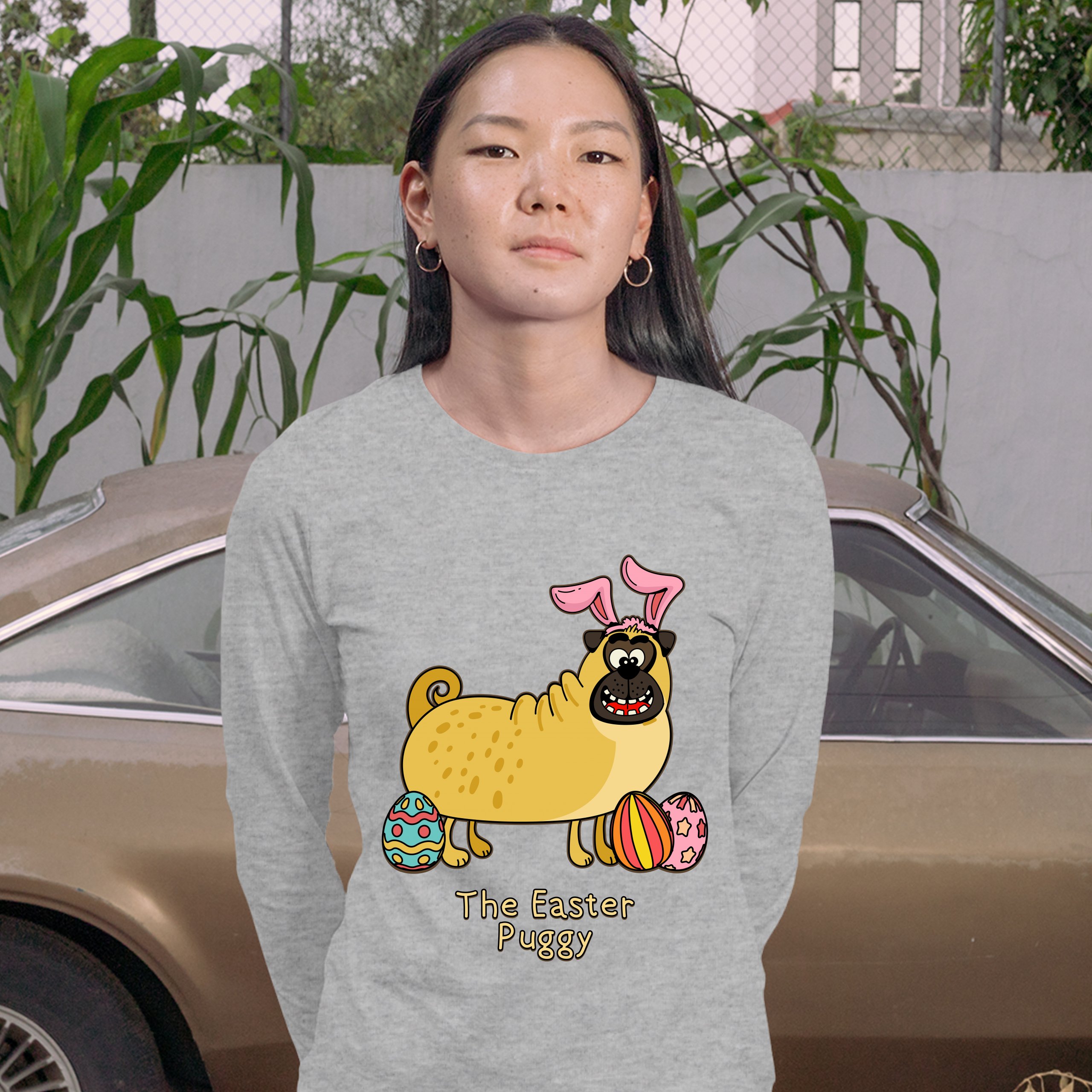 The Easter Puggy Women's Long Sleeve T-shirt Pug with Bunny Ears Easter Eggs - Picture 9 of 29