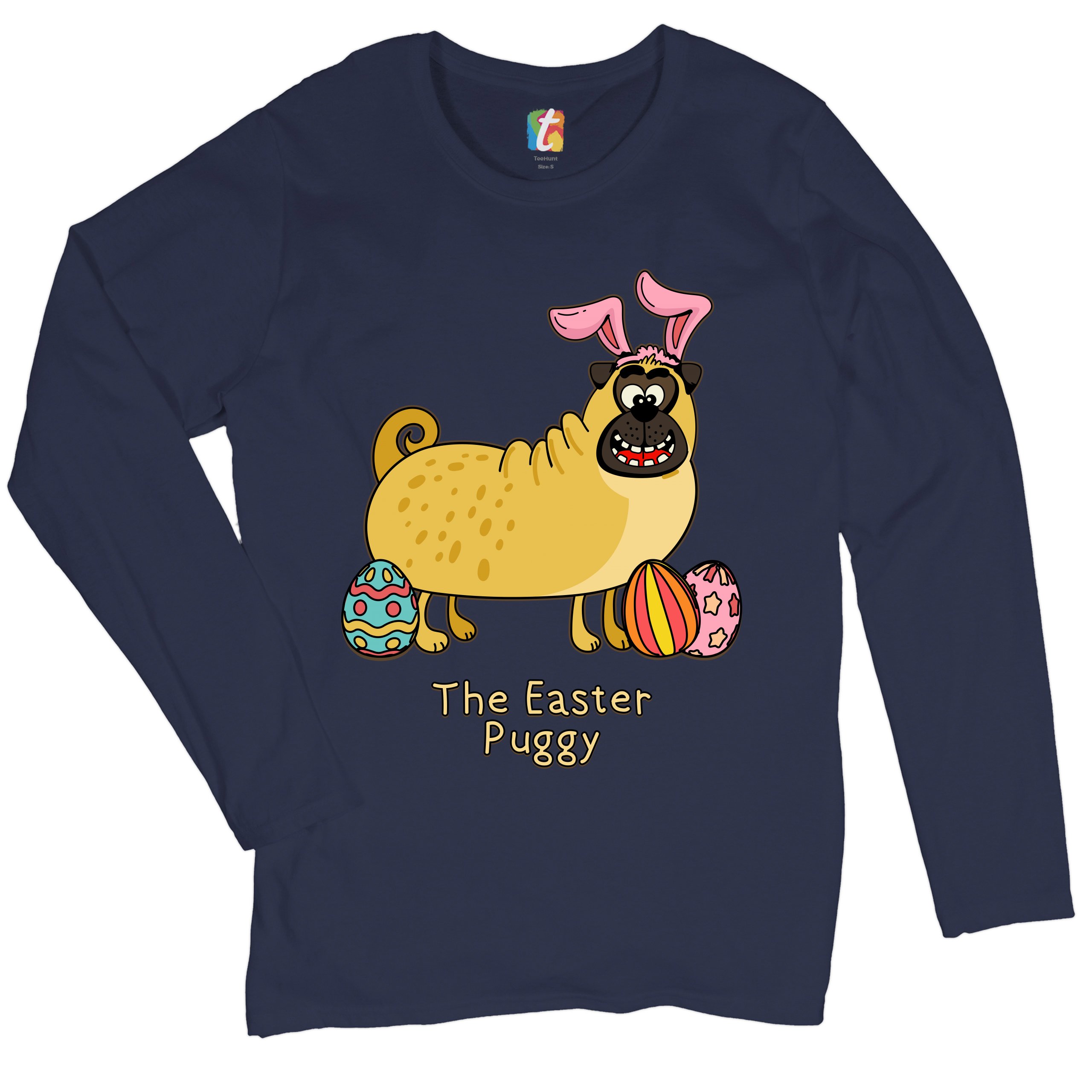 The Easter Puggy Women's Long Sleeve T-shirt Pug with Bunny Ears Easter Eggs - Picture 18 of 29