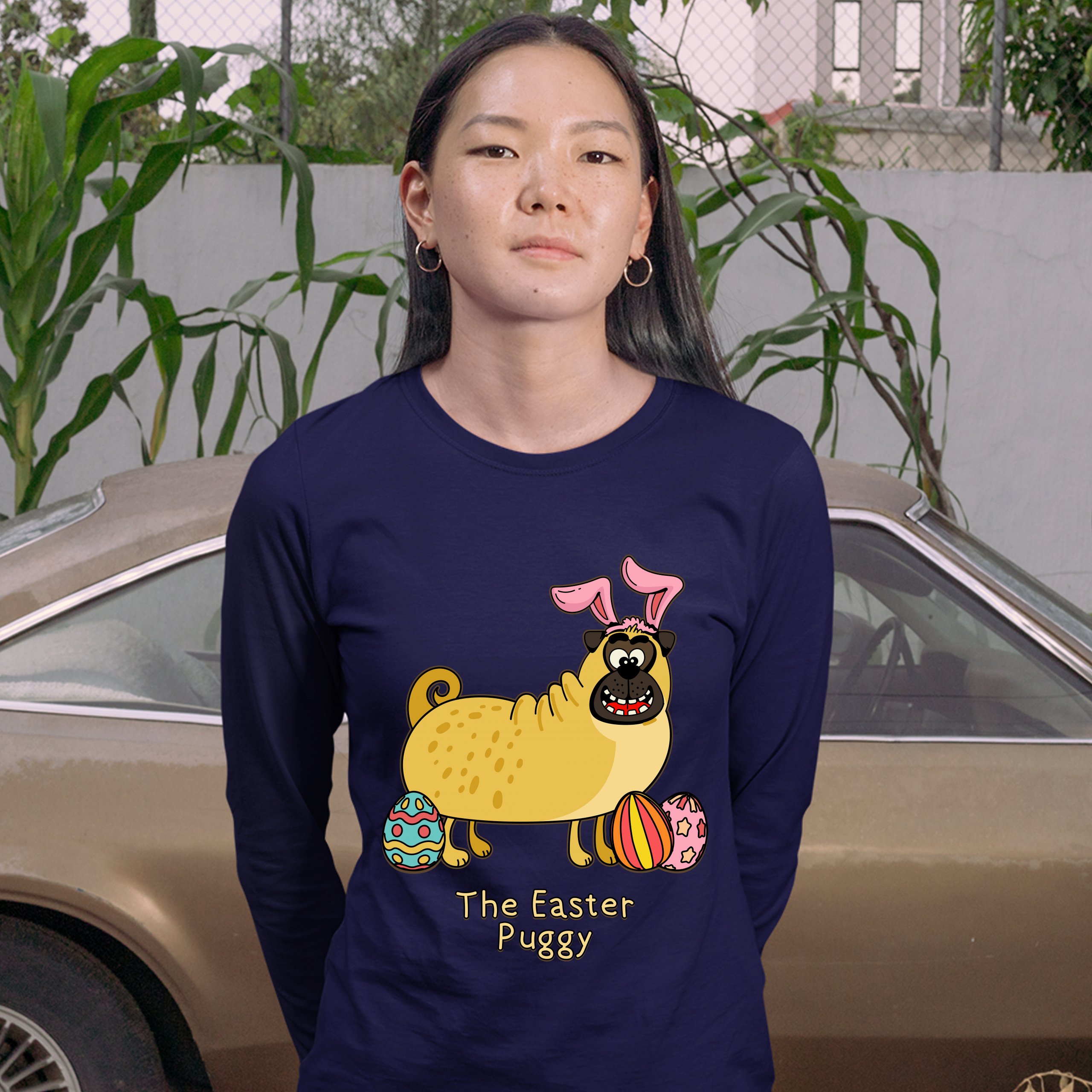 The Easter Puggy Women's Long Sleeve T-shirt Pug with Bunny Ears Easter Eggs - Picture 21 of 29