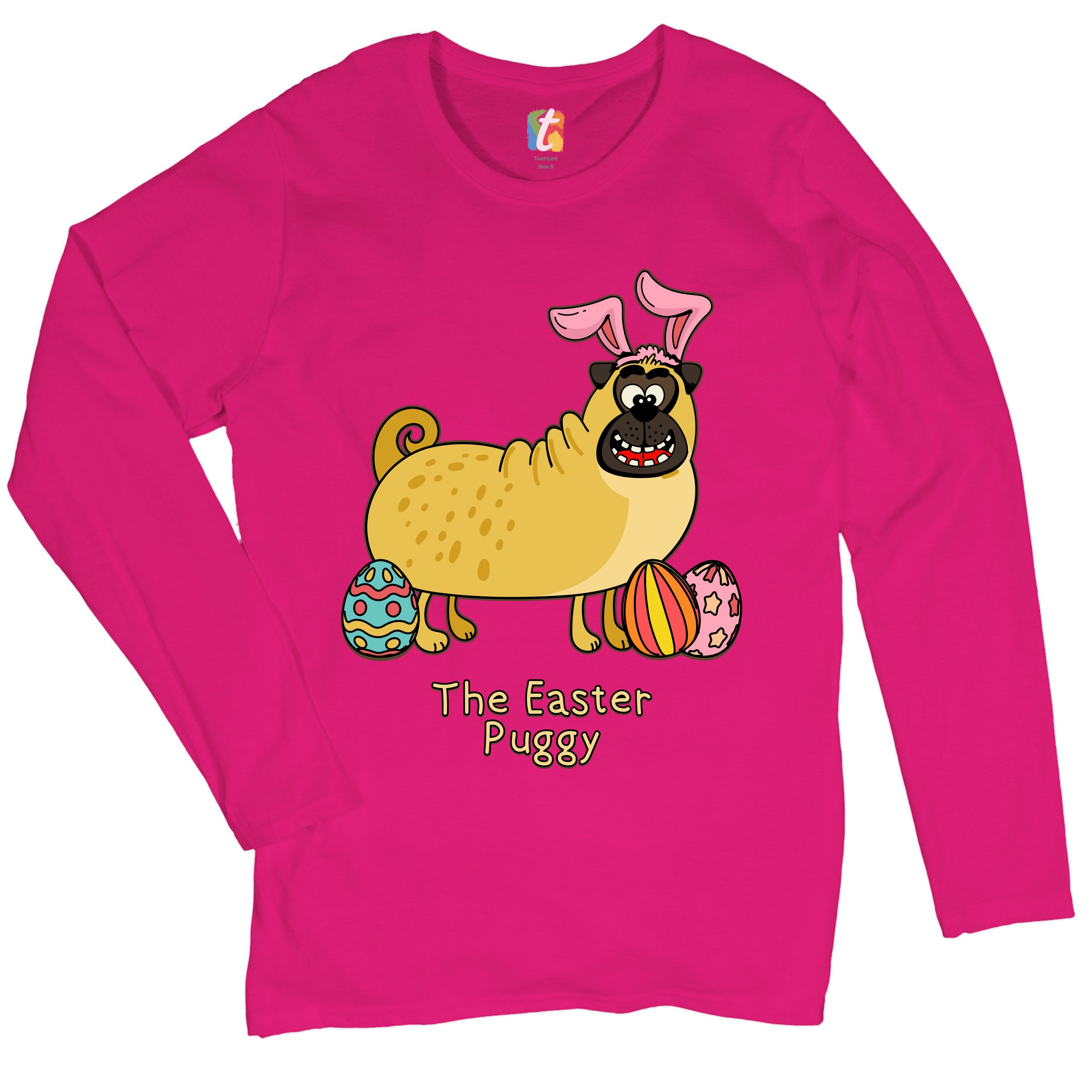 The Easter Puggy Women's Long Sleeve T-shirt Pug with Bunny Ears Easter Eggs - Picture 26 of 29