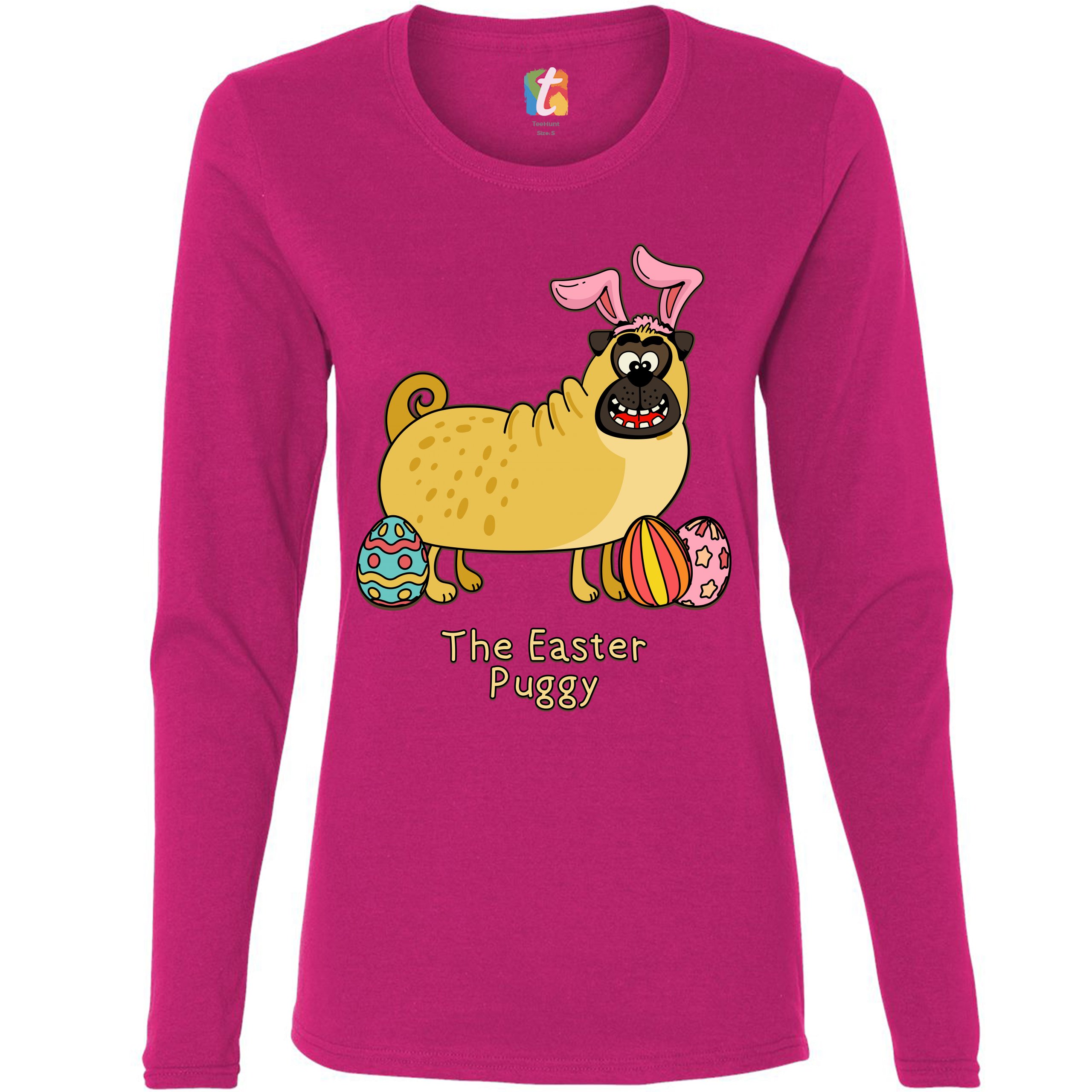 The Easter Puggy Women's Long Sleeve T-shirt Pug with Bunny Ears Easter Eggs - Picture 27 of 29
