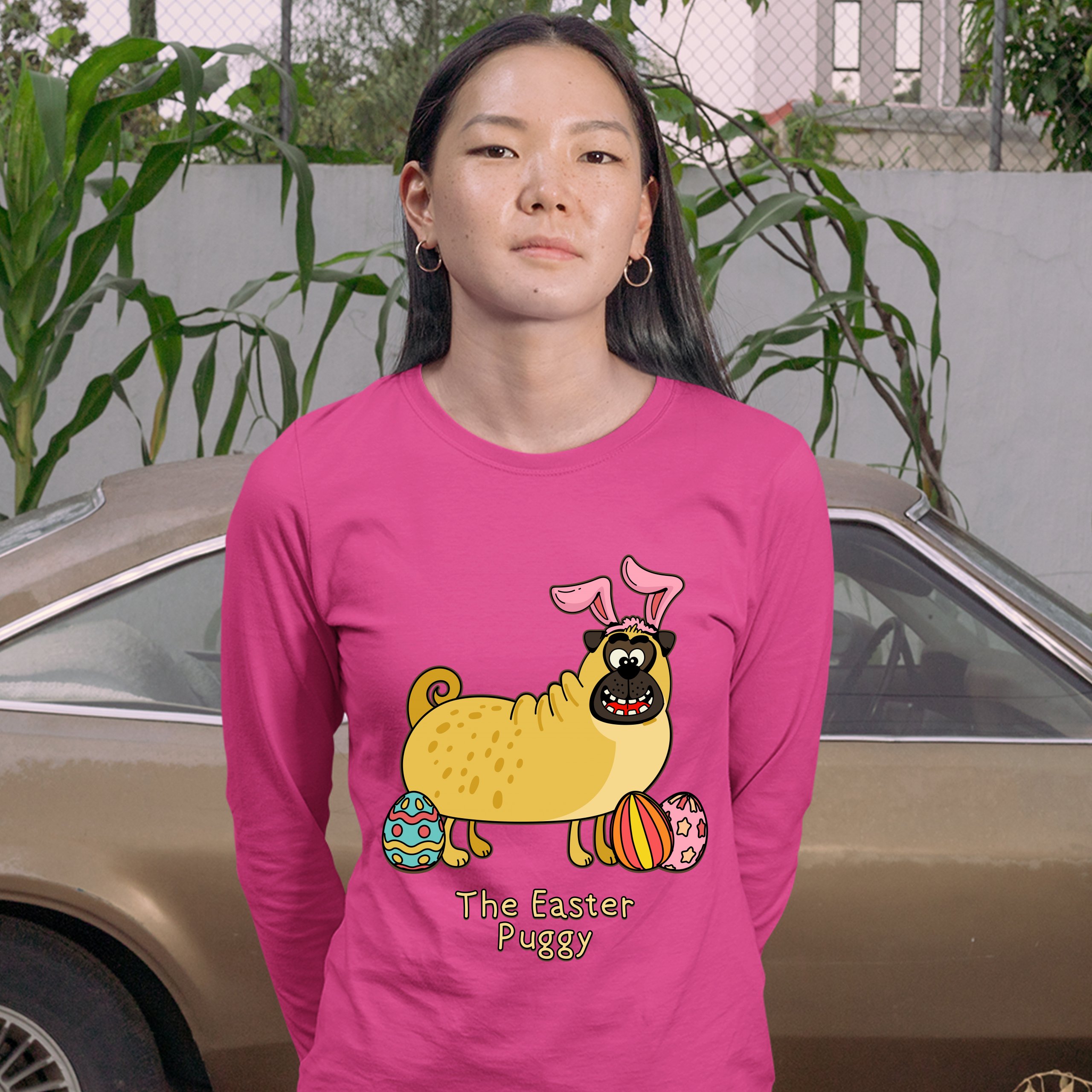 The Easter Puggy Women's Long Sleeve T-shirt Pug with Bunny Ears Easter Eggs - Picture 29 of 29