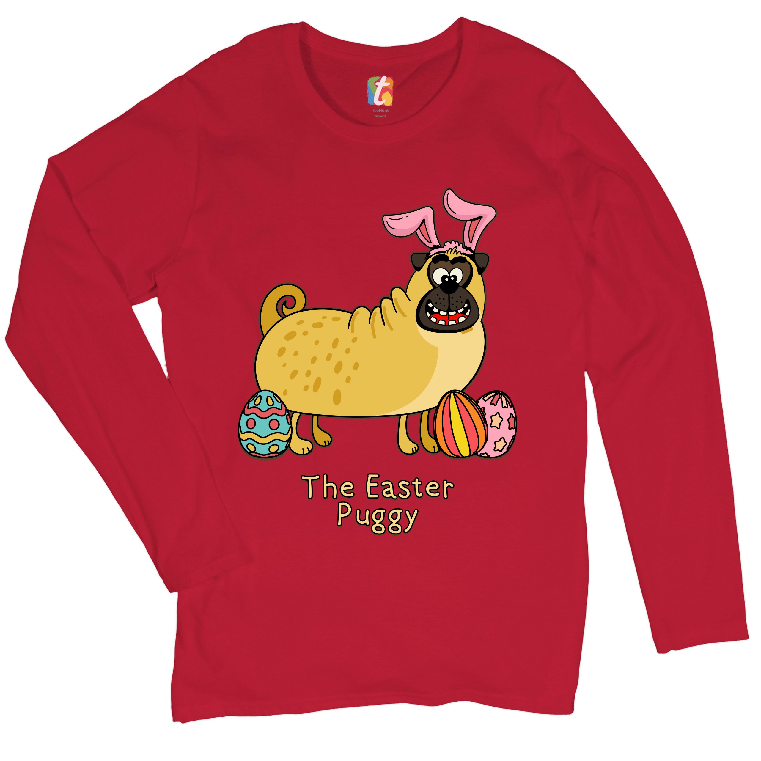 The Easter Puggy Women's Long Sleeve T-shirt Pug with Bunny Ears Easter Eggs - Picture 10 of 29