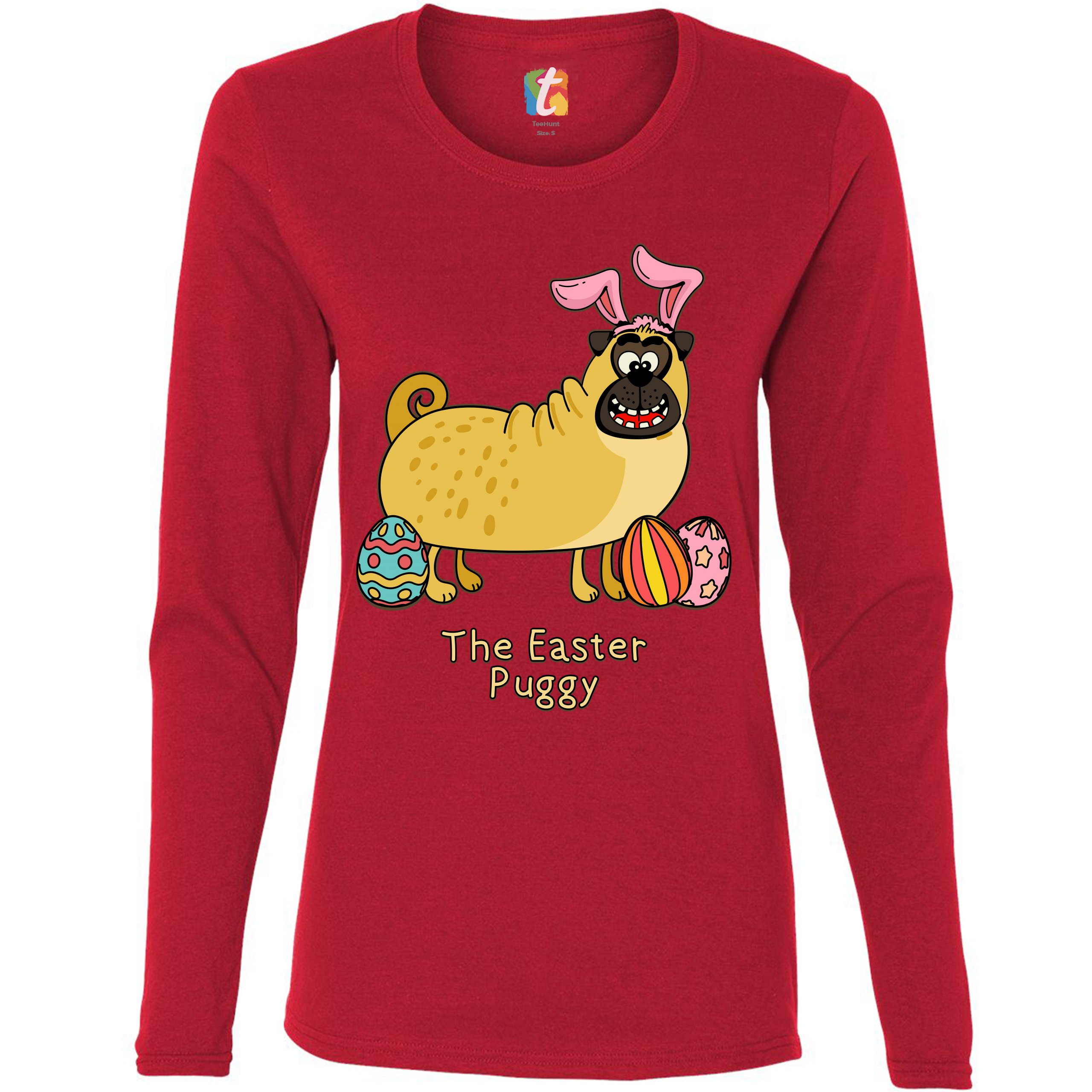 The Easter Puggy Women's Long Sleeve T-shirt Pug with Bunny Ears Easter Eggs - Picture 11 of 29