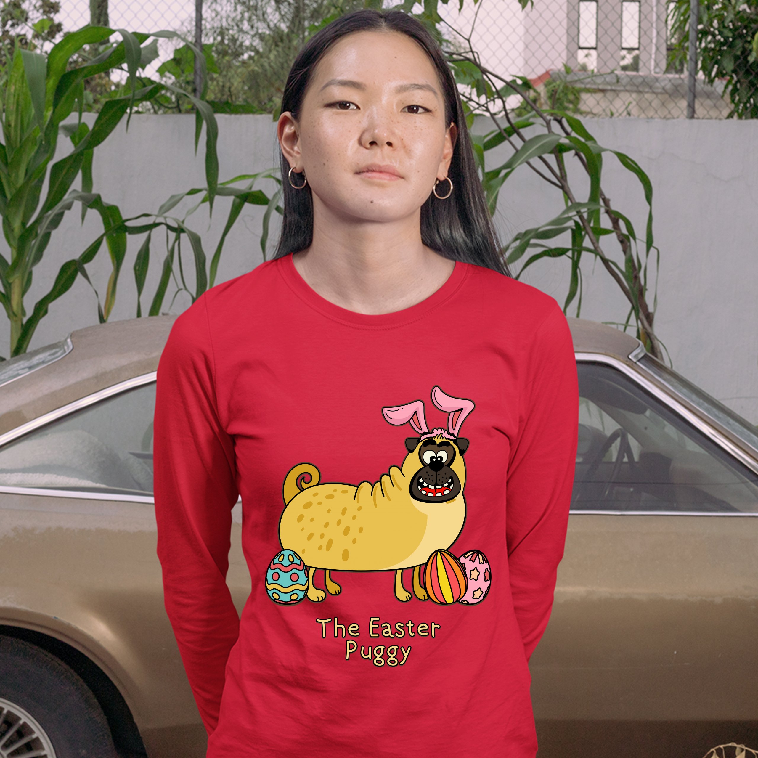 The Easter Puggy Women's Long Sleeve T-shirt Pug with Bunny Ears Easter Eggs - Picture 13 of 29