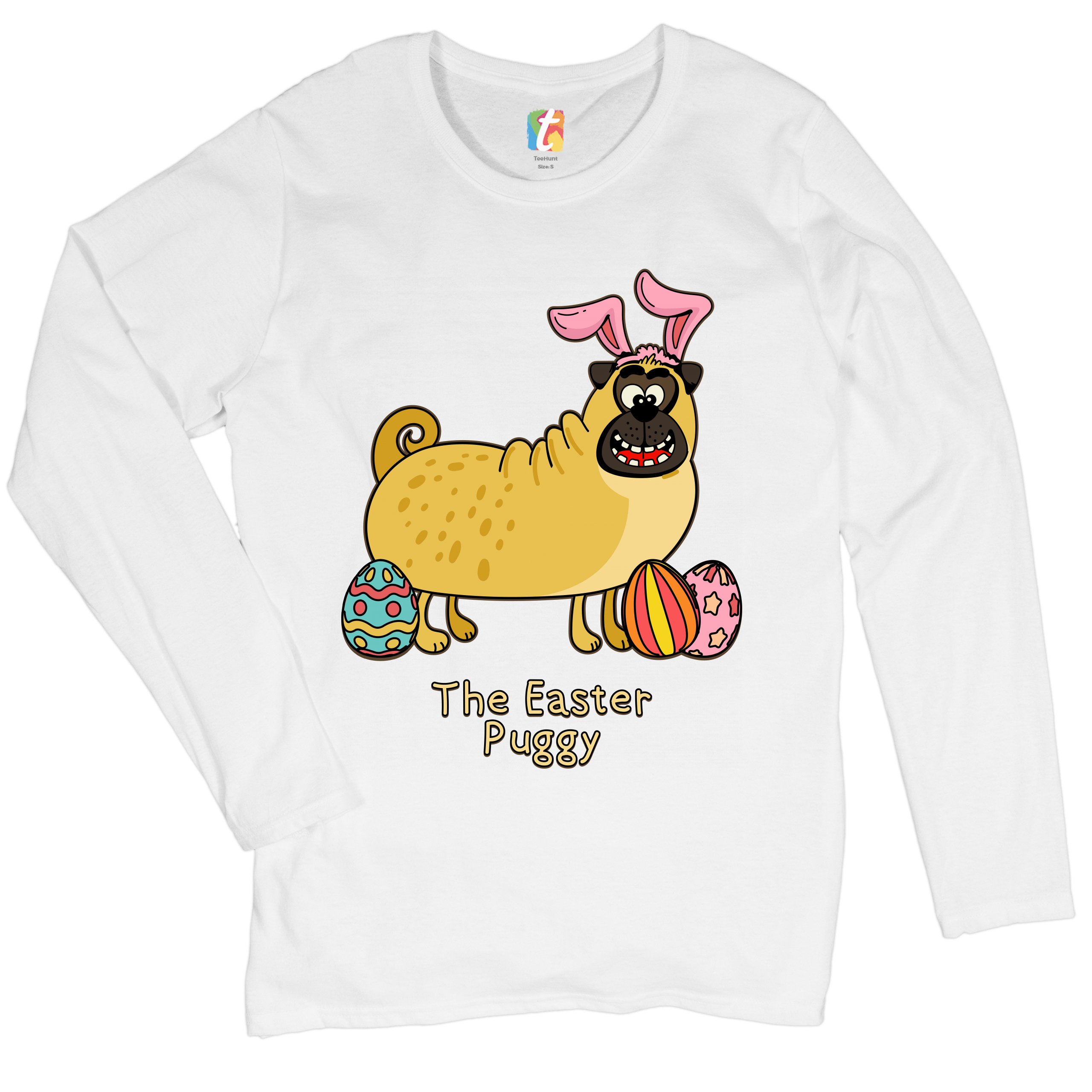 The Easter Puggy Women's Long Sleeve T-shirt Pug with Bunny Ears Easter Eggs - Picture 14 of 29