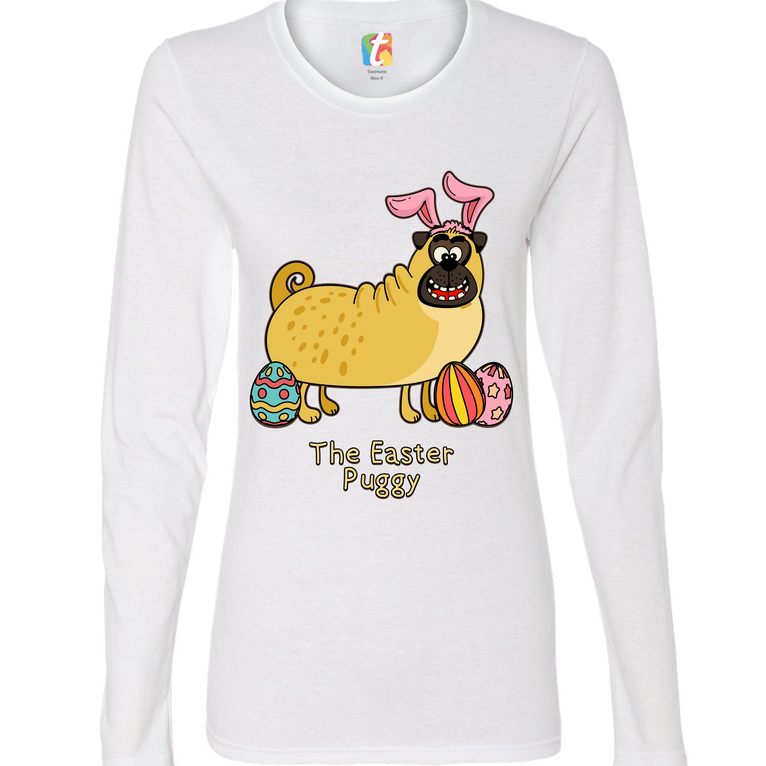 The Easter Puggy Women's Long Sleeve T-shirt Pug with Bunny Ears Easter Eggs - Picture 15 of 29
