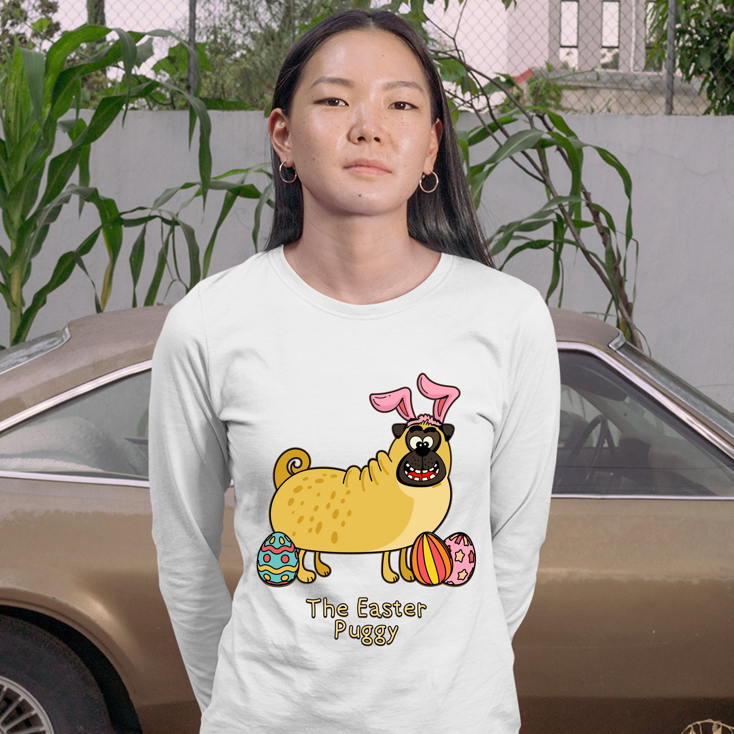 The Easter Puggy Women's Long Sleeve T-shirt Pug with Bunny Ears Easter Eggs - Picture 17 of 29