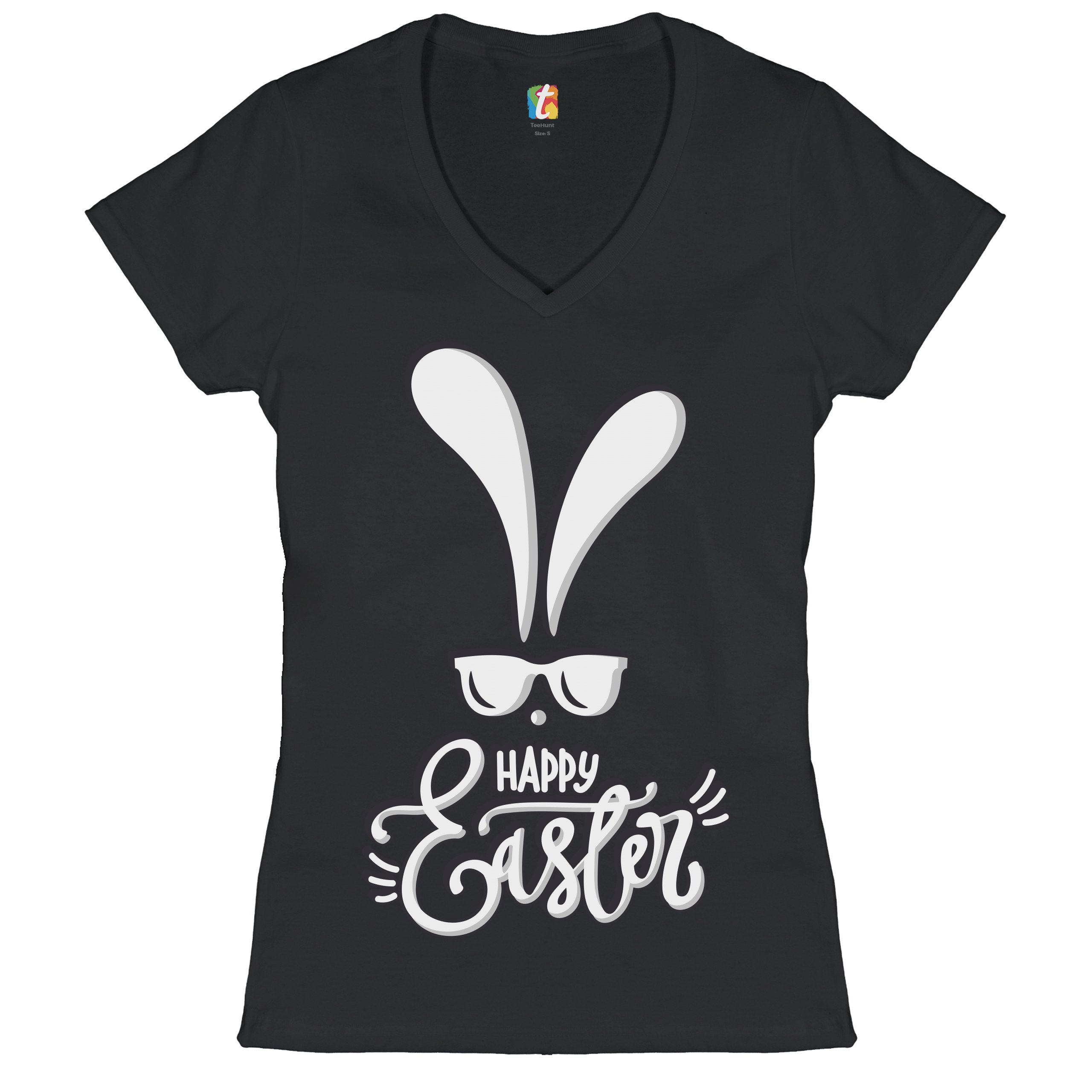 Happy Easter Bunny Ears Women's V-Neck T-shirt Religious Jesus Christ Tee - Picture 8 of 77