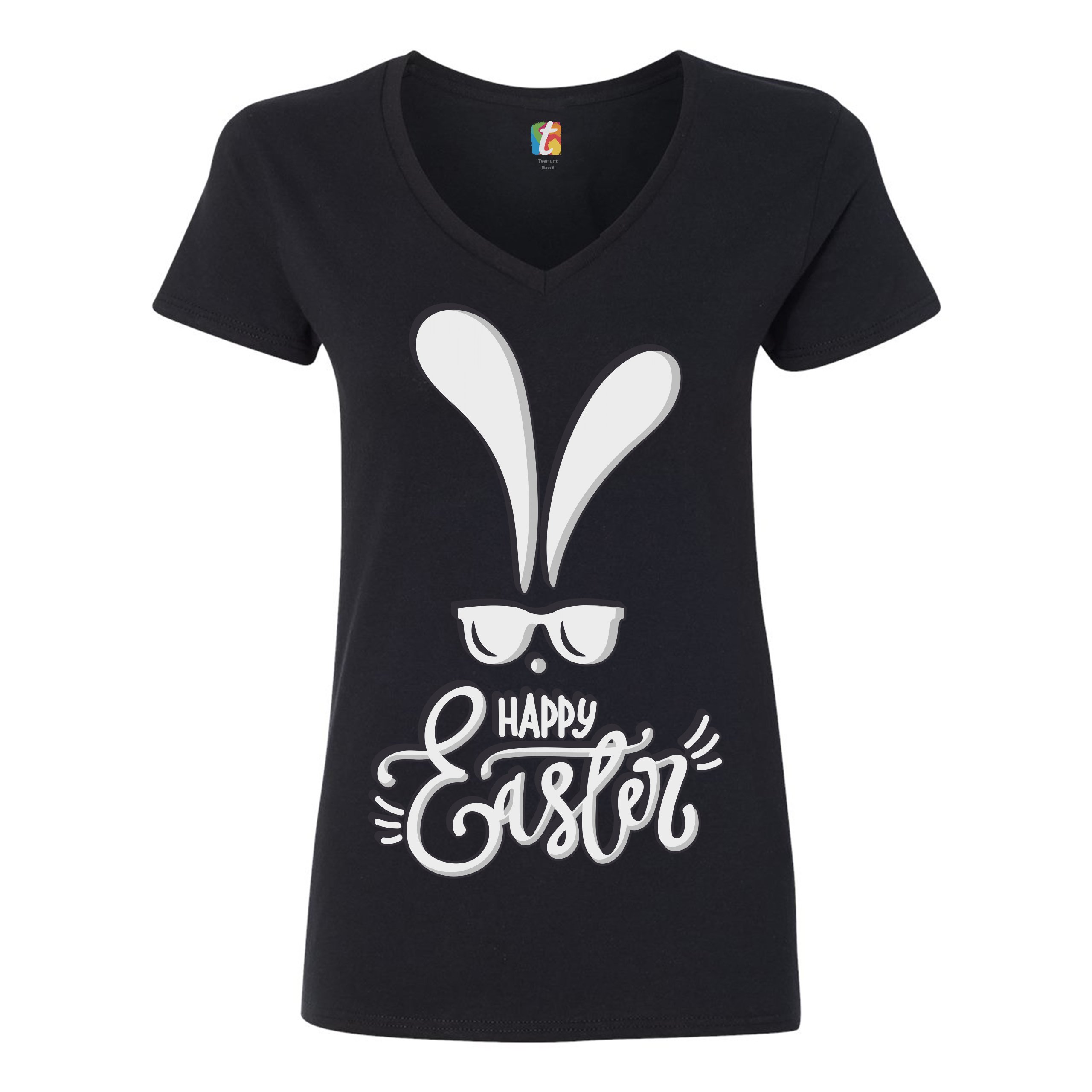 Happy Easter Bunny Ears Women's V-Neck T-shirt Religious Jesus Christ Tee - Picture 9 of 77