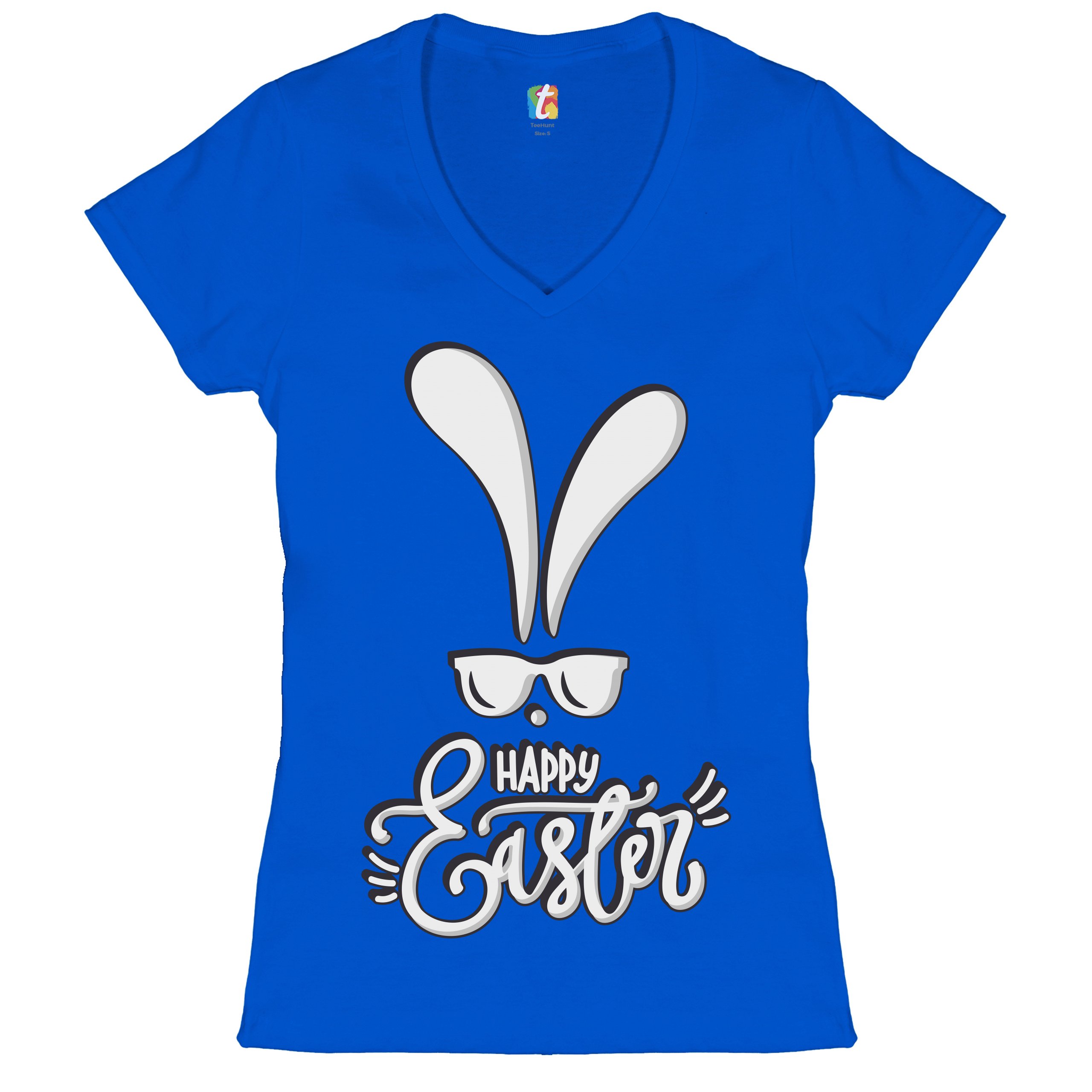 Happy Easter Bunny Ears Women's V-Neck T-shirt Religious Jesus Christ Tee - Picture 57 of 77