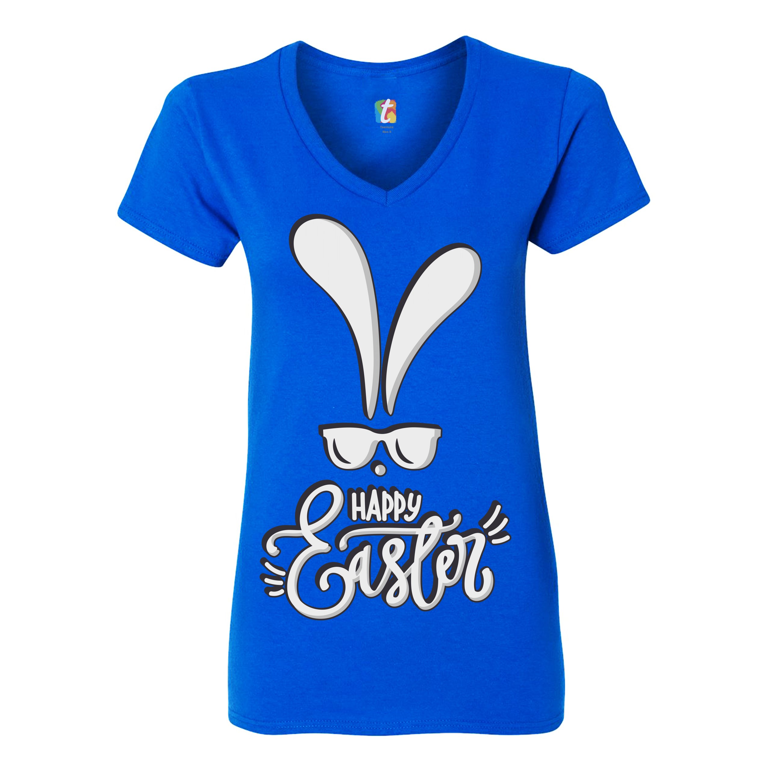 Happy Easter Bunny Ears Women's V-Neck T-shirt Religious Jesus Christ Tee - Picture 58 of 77
