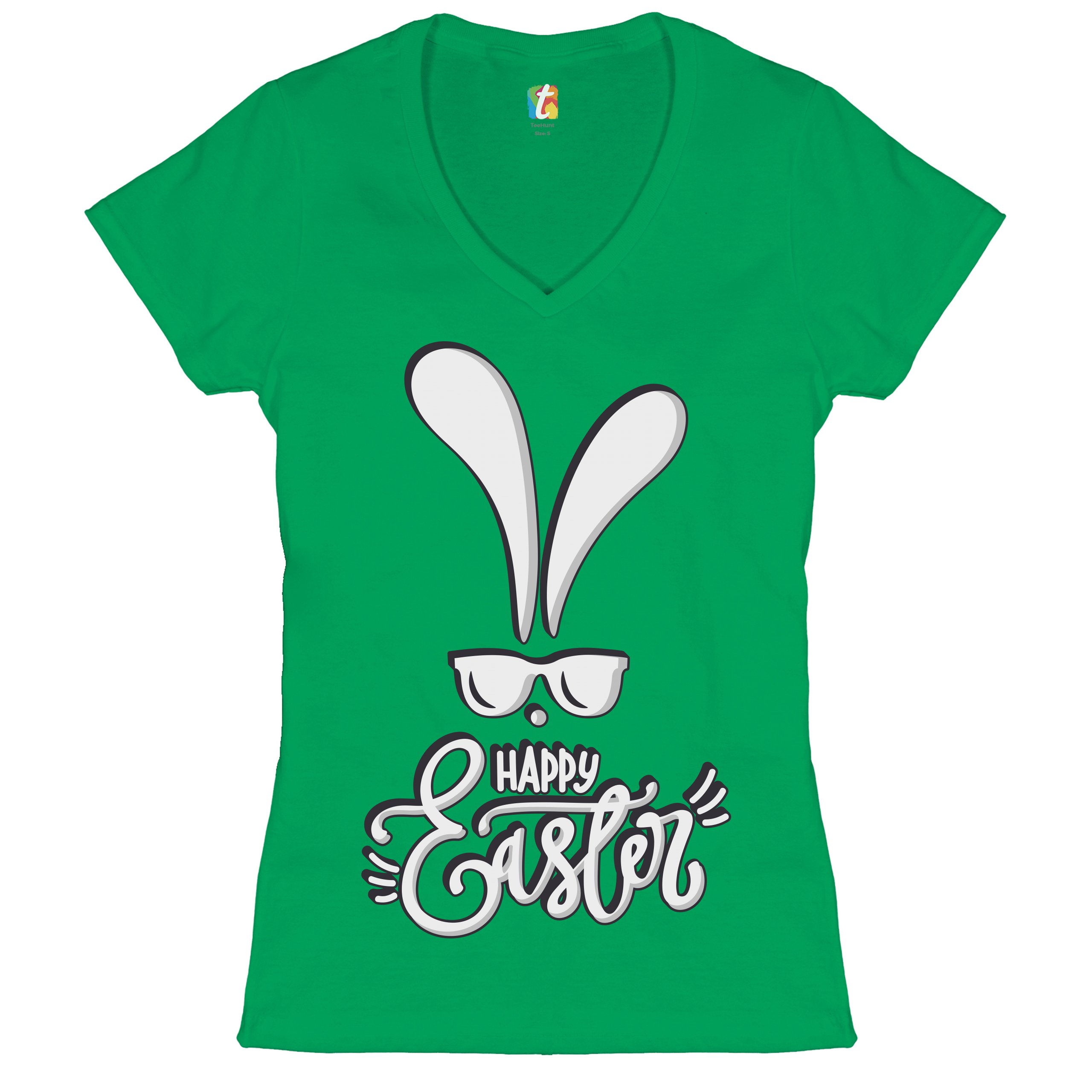 Happy Easter Bunny Ears Women's V-Neck T-shirt Religious Jesus Christ Tee - Picture 50 of 77
