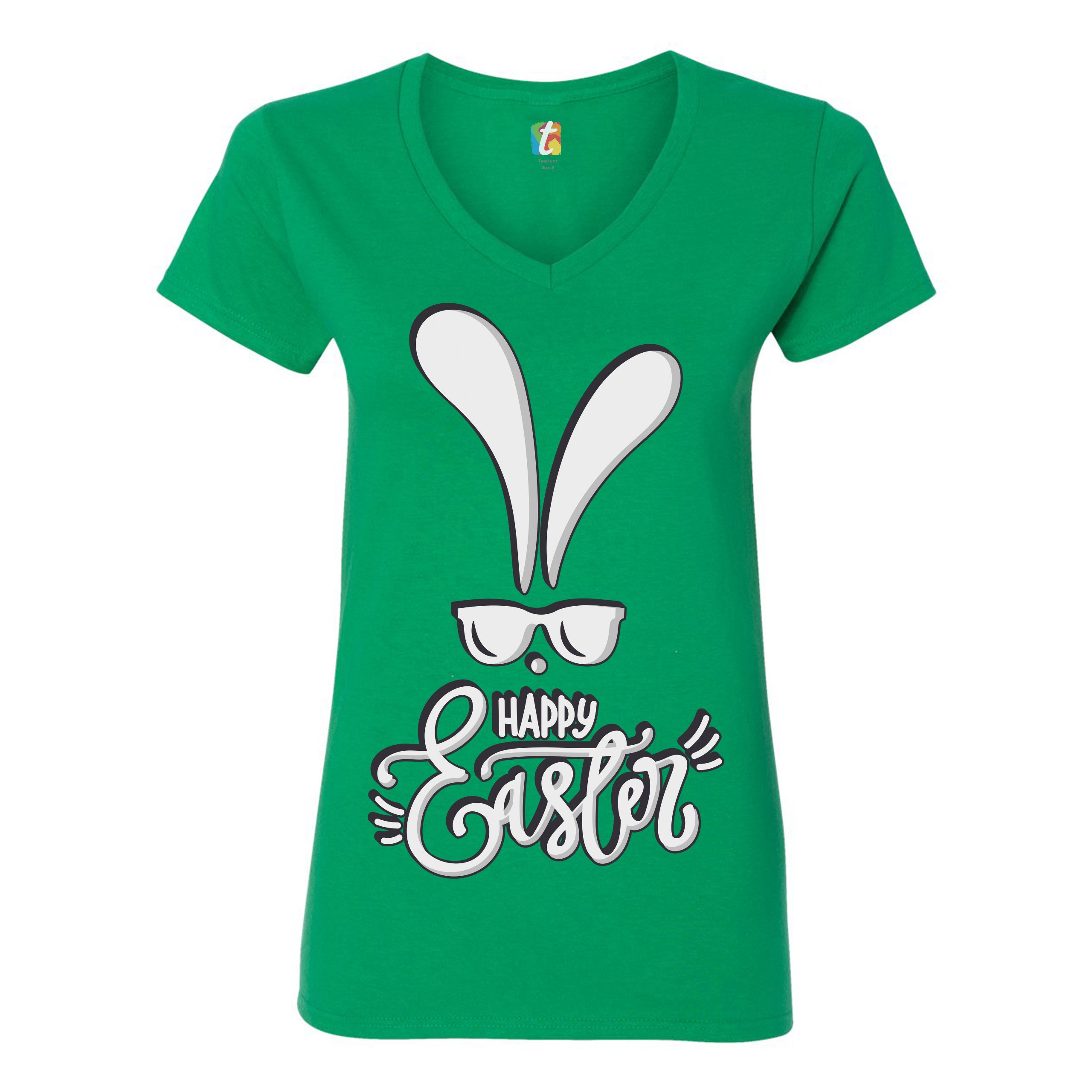 Happy Easter Bunny Ears Women's V-Neck T-shirt Religious Jesus Christ Tee - Picture 51 of 77